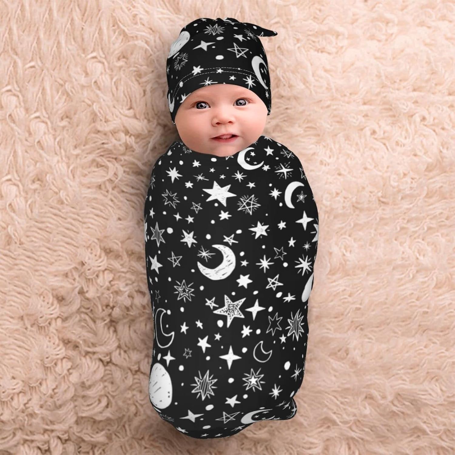 Moon Star Swaddle Blanket Hat Set for Newborns