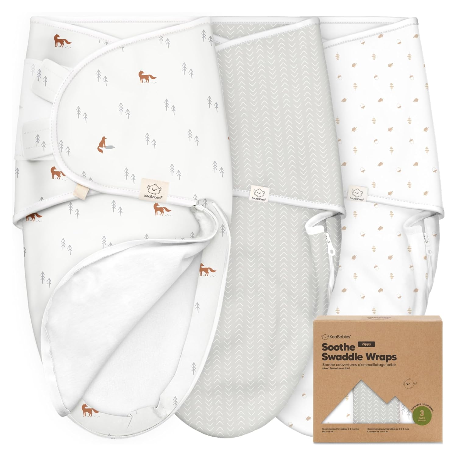 KeaBabies Baby Swaddle Sleep Sack - 3-Pack Zippy Swaddles for Newborns