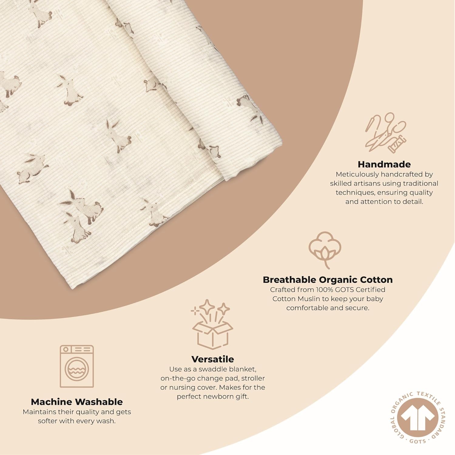 Crane Baby Organic Cotton Bunny Swaddle Wrap 47x47