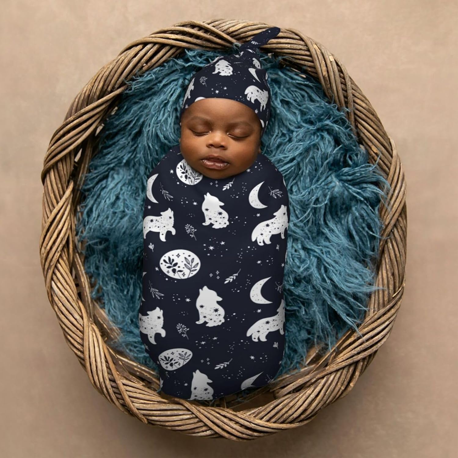 Boho Wolf Newborn Swaddle Blanket Hat Set