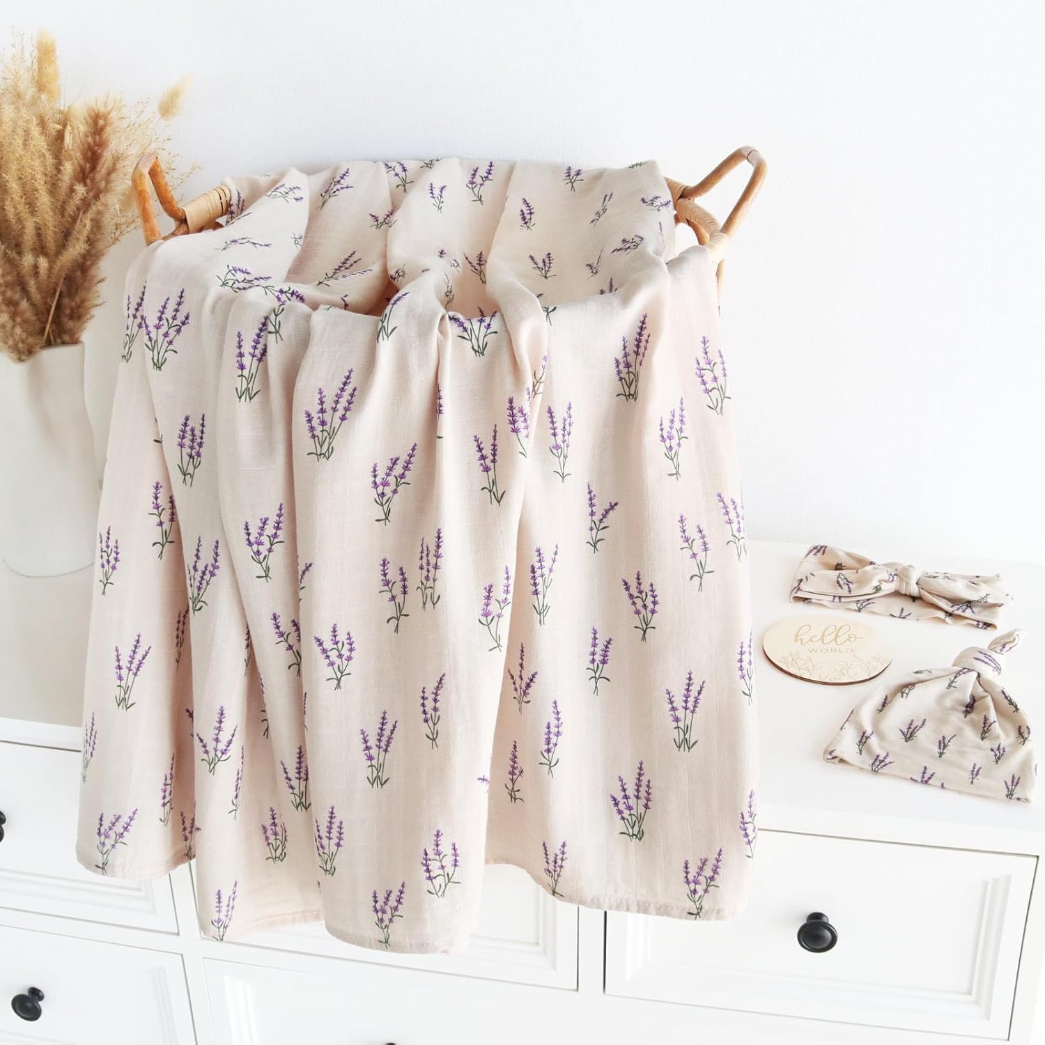 LifeTree Muslin Swaddle Blanket Set with Lavender Pattern