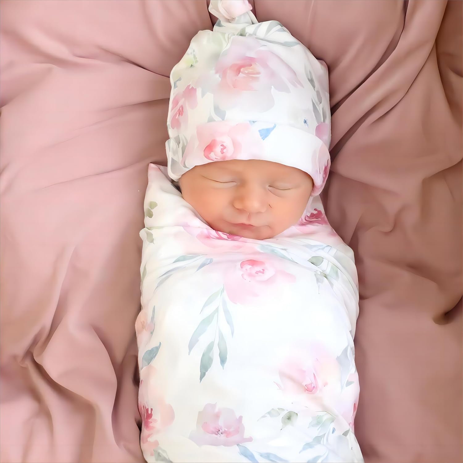 Giggle Angel Baby Girl Swaddle Blanket Set with Beanie Pink 3
