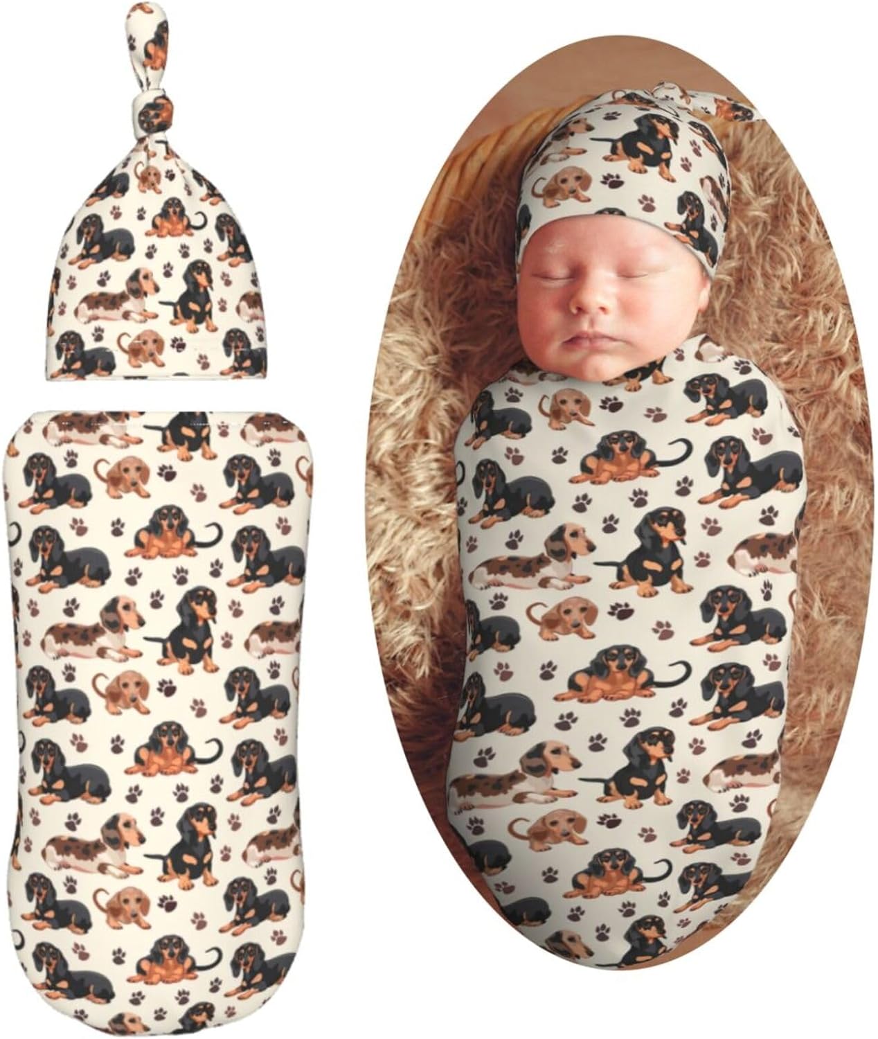 Muishi Dachshund Swaddle Blanket Beanie Set