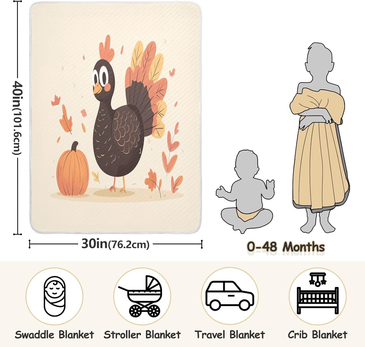 Thanksgiving Turkey Baby Blanket Unisex 30x40 Inch