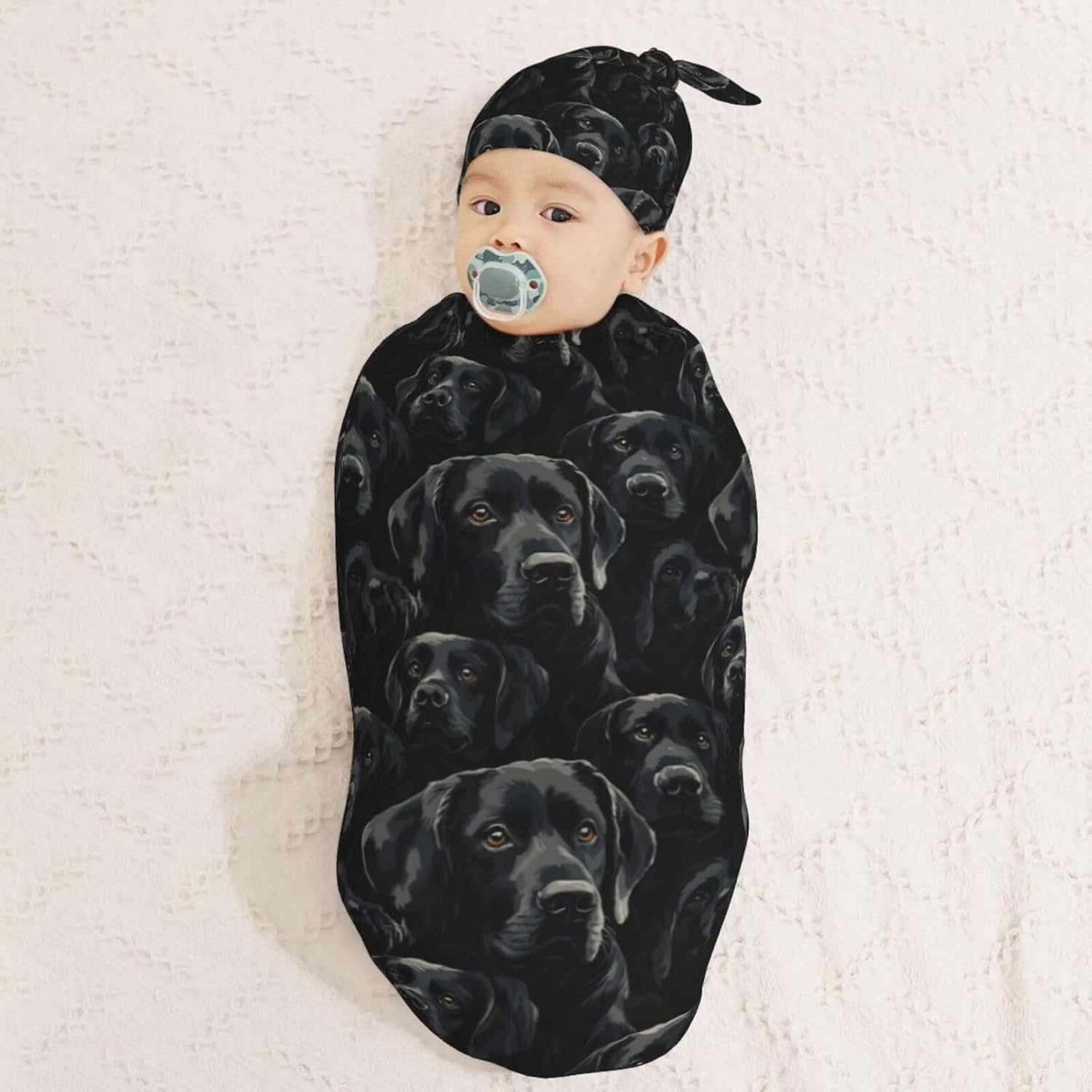Muishi Black Labrador Swaddle Blanket and Hat Set