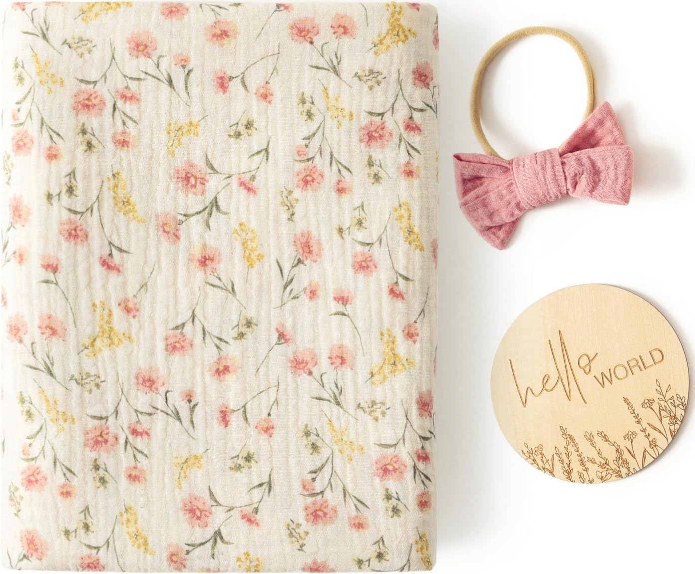 Little Jump Pink Floral Swaddle Blanket and Bow Set