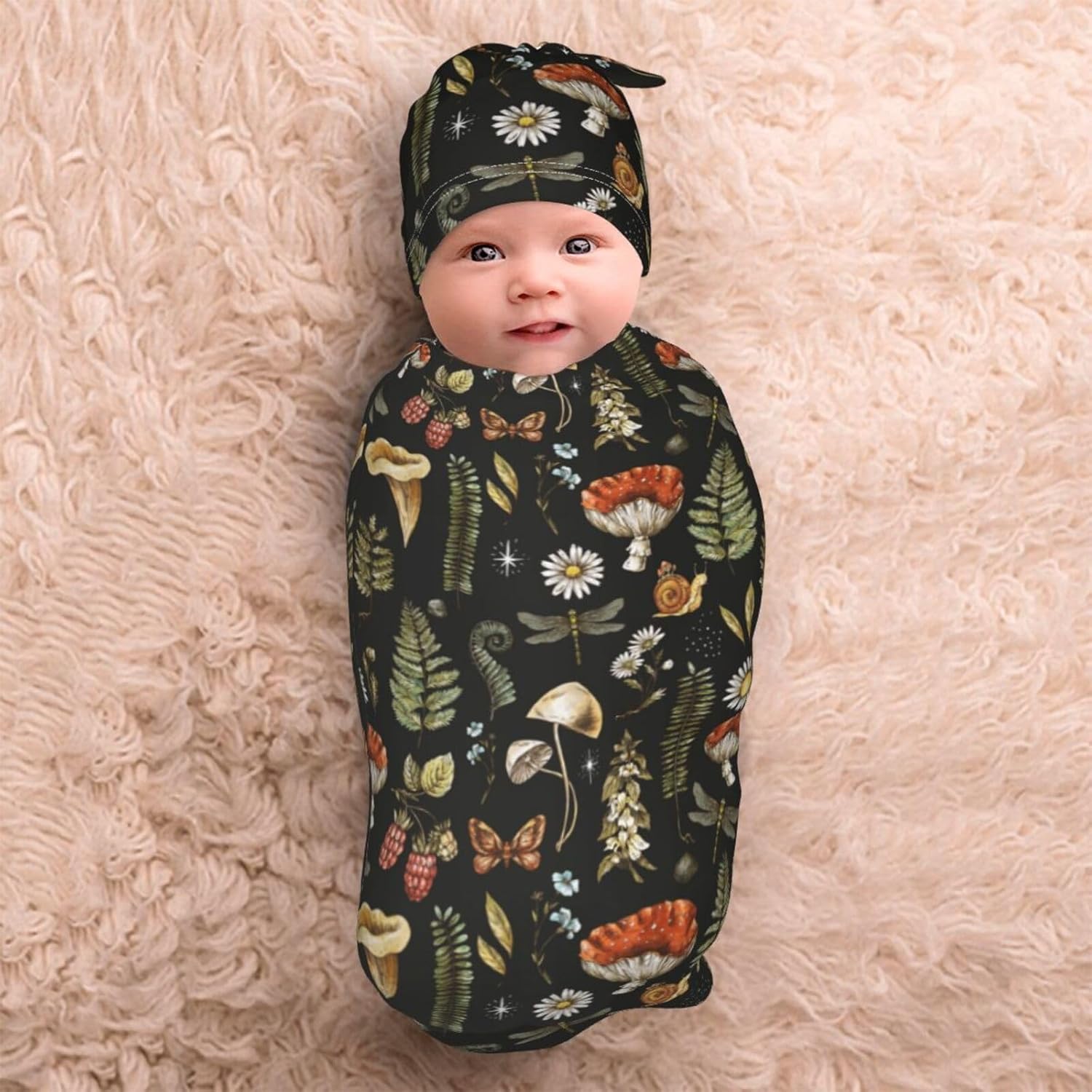 Qwalnely Mushroom Swaddling Blanket with Hat for Newborn
