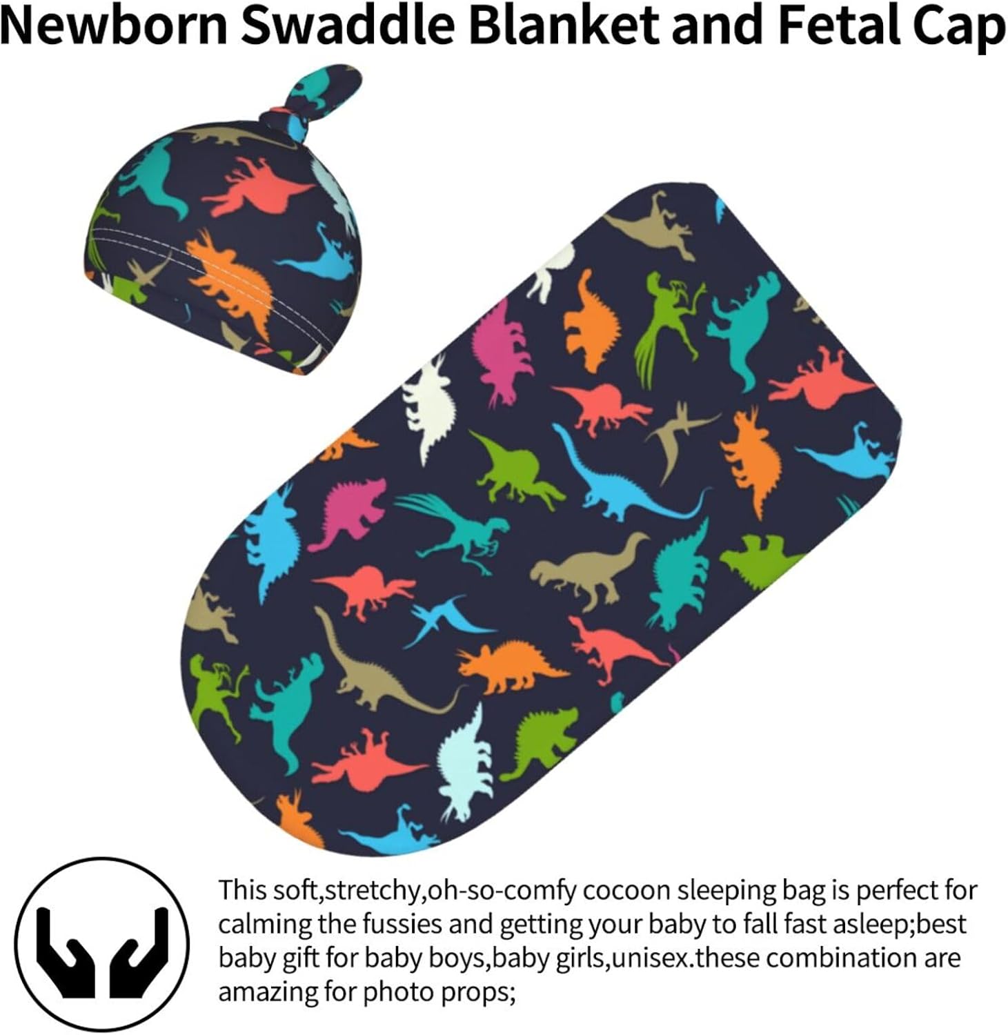 WELBB Dinosaur Swaddle Blanket Beanie Set for Newborns