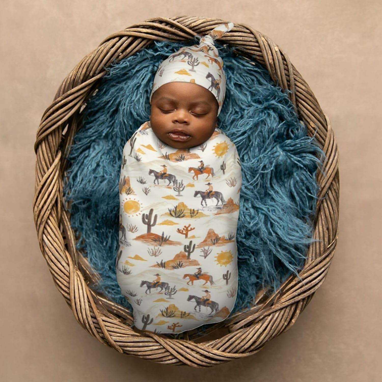 Soft Western Cowboys Horses Swaddle Blanket Set