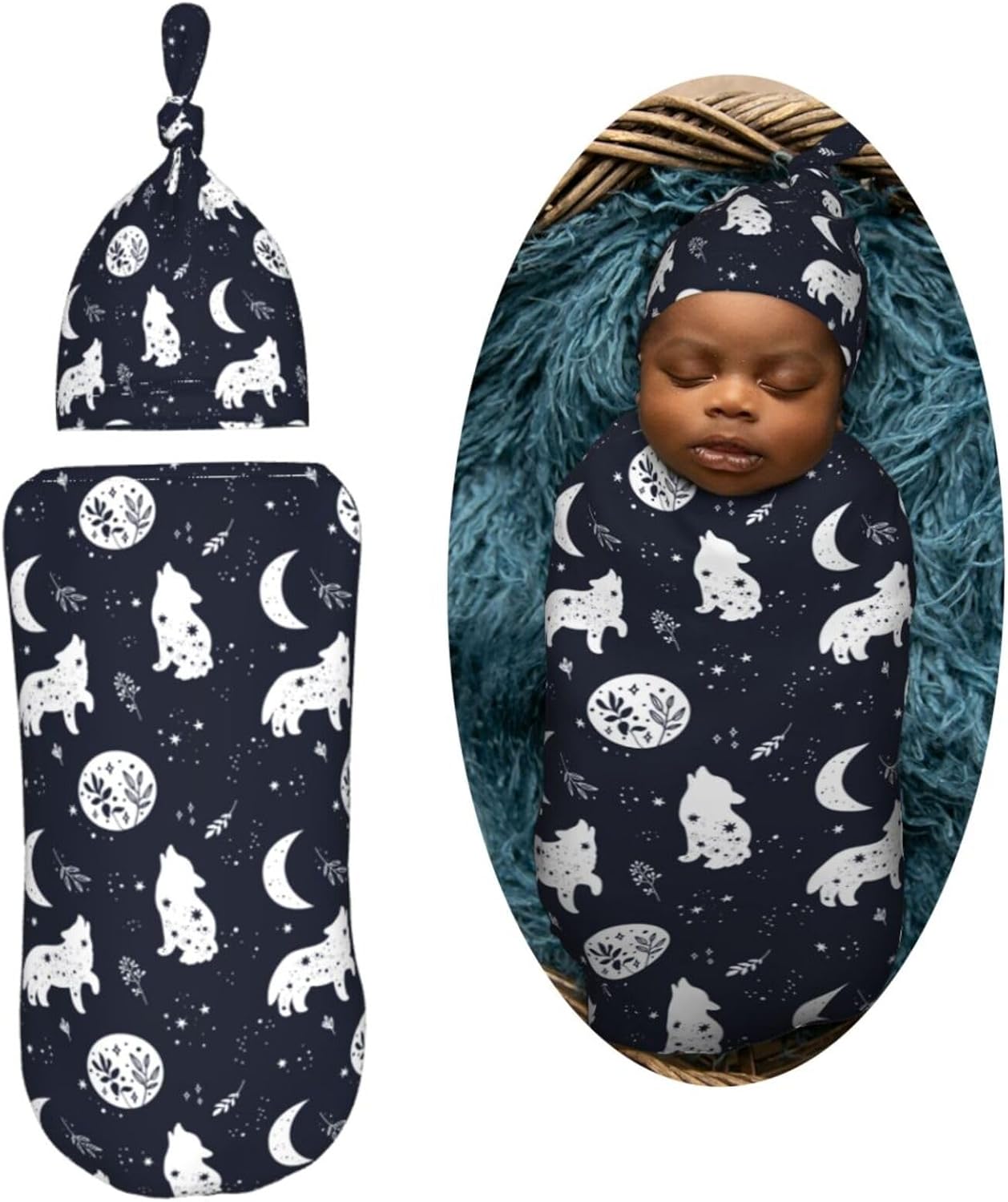 Boho Wolf Newborn Swaddle Blanket Hat Set