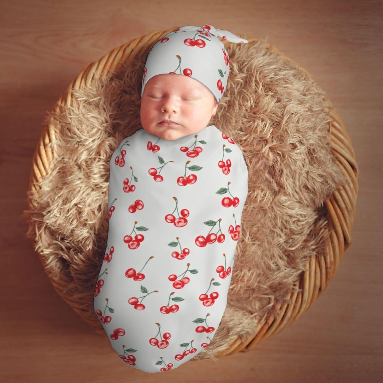 Small Red Cherries Swaddle Blanket Hat Set for Newborns