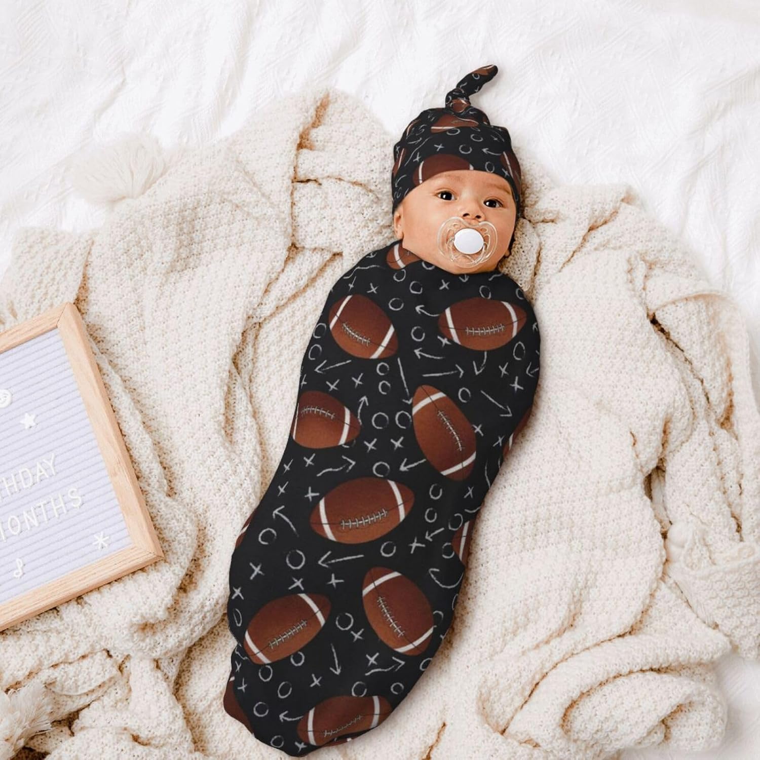 Football Baby Swaddle Blanket Beanie Set for Newborns