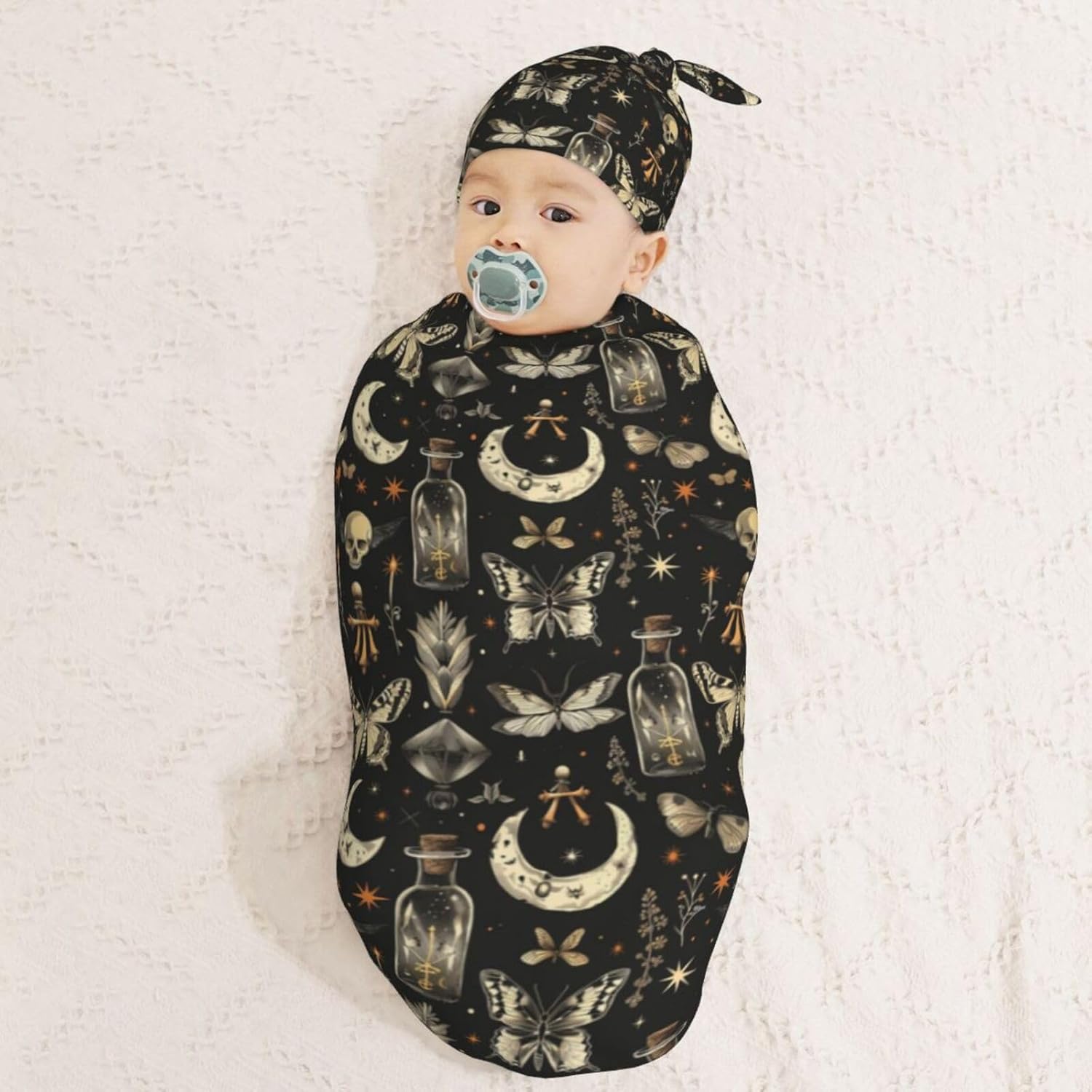 Muishi Moths and Moons Swaddle Blanket and Hat Set