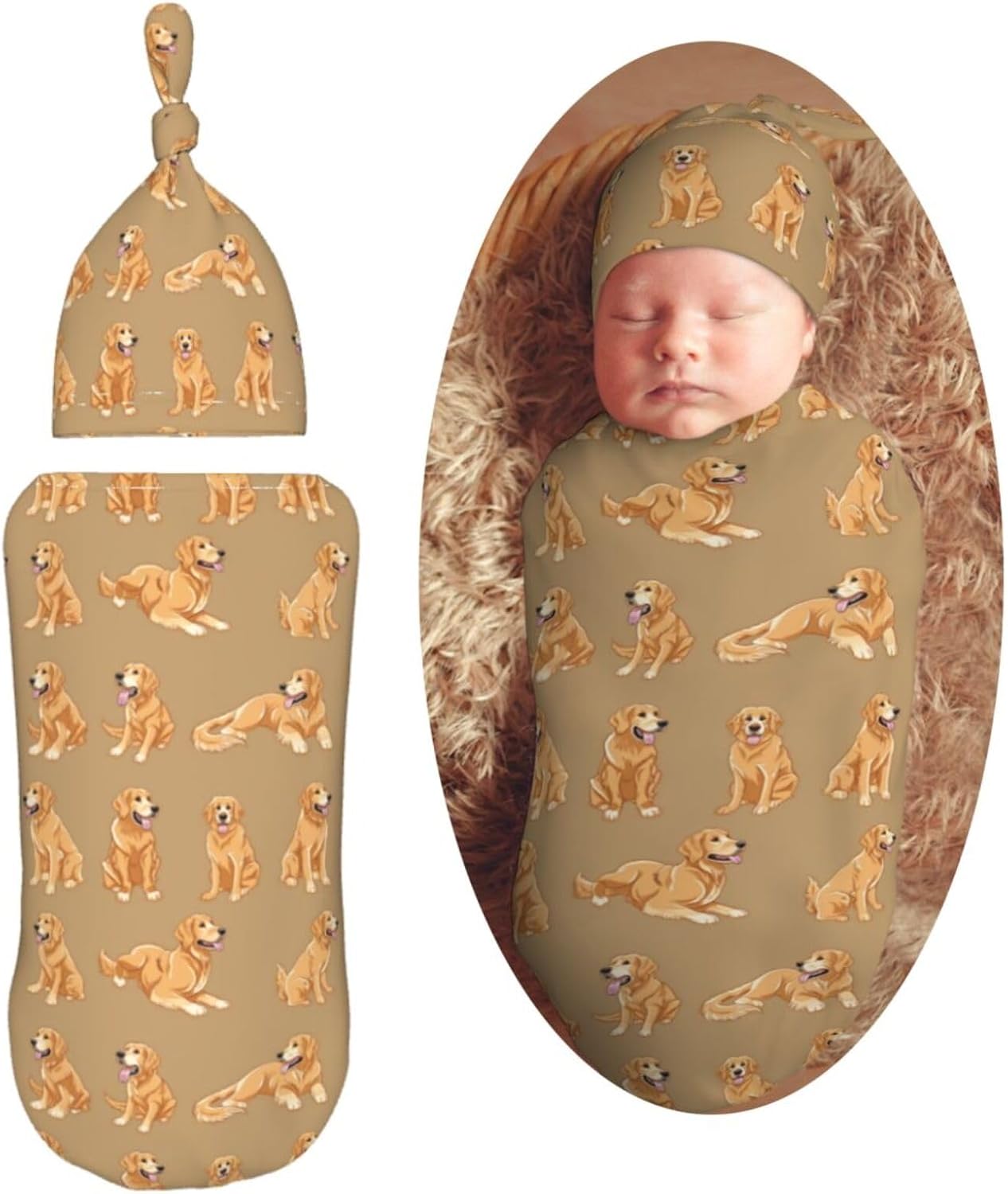 Funny Cute Golden Retriever Swaddle Blanket and Beanie Hat Set