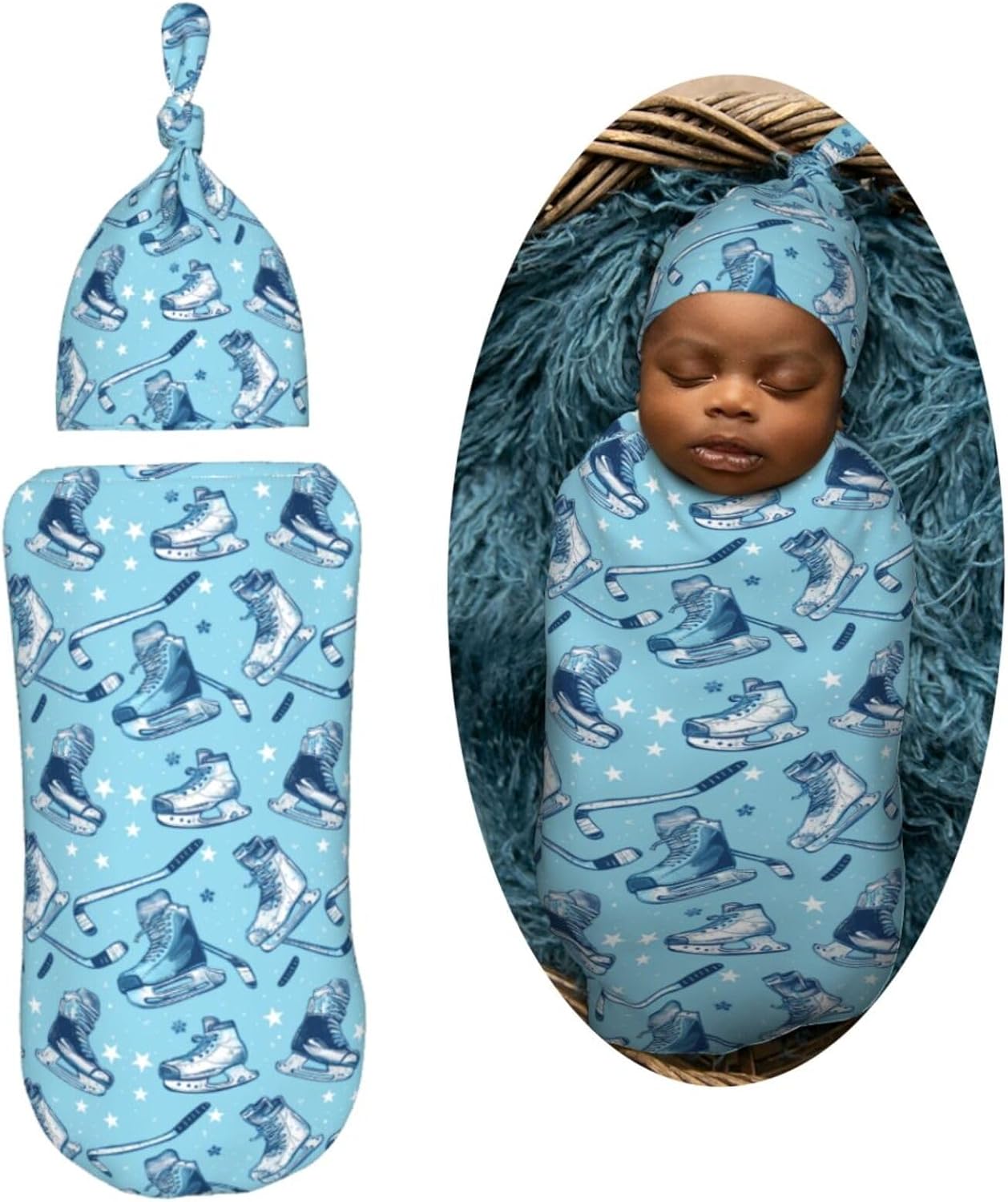 Muishi Ice Hockey Swaddle Blanket Hat Set for Newborns