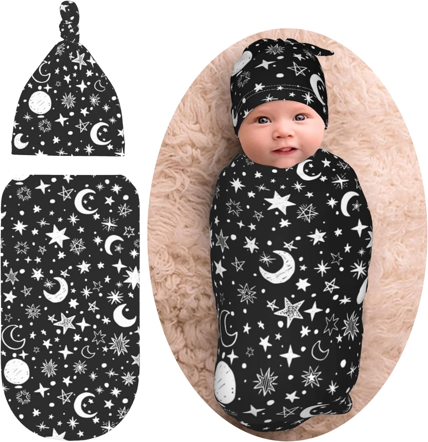 Moon Star Swaddle Blanket Hat Set for Newborns