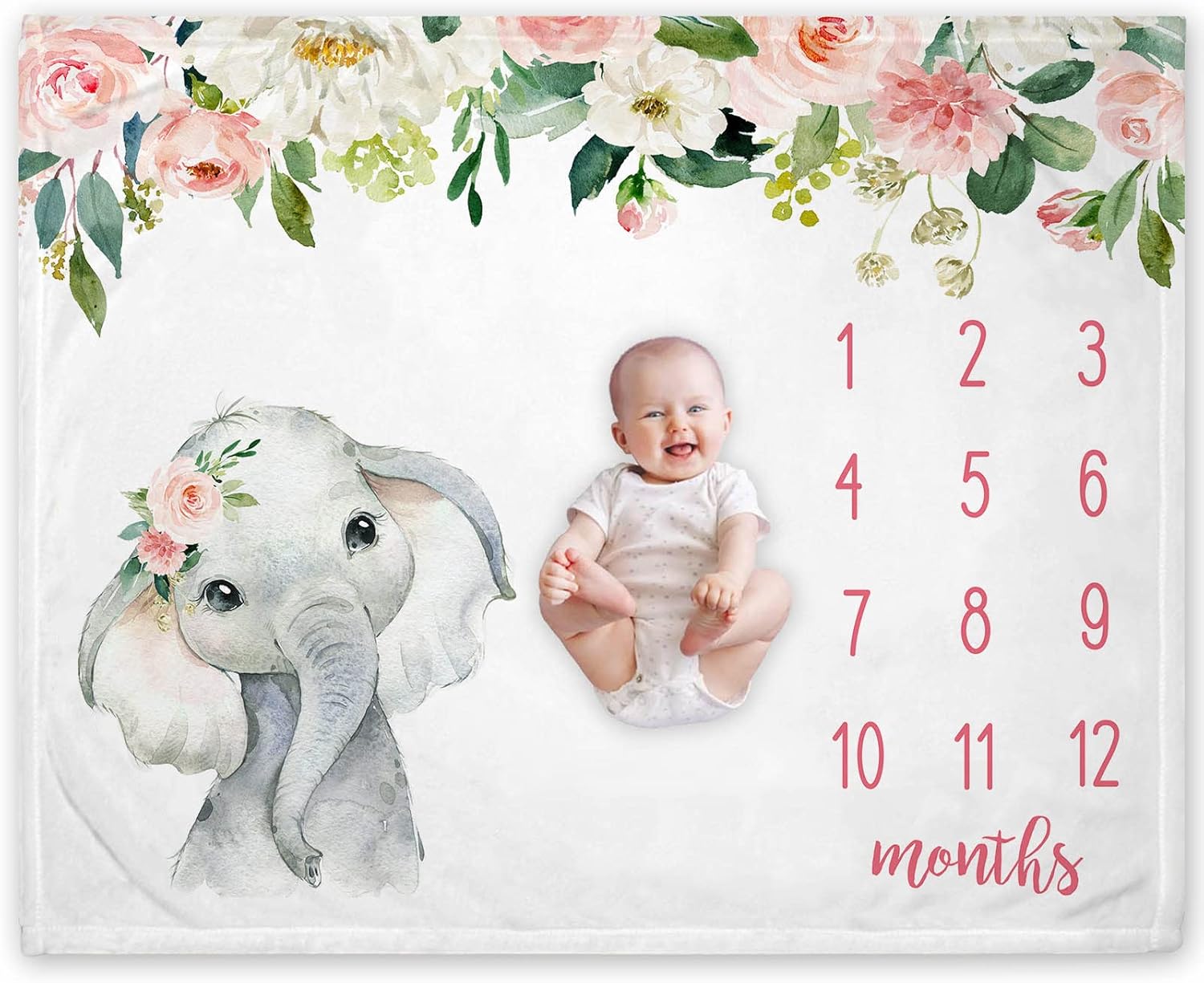 Floral Elephant Baby Monthly Milestone Blanket with Marker