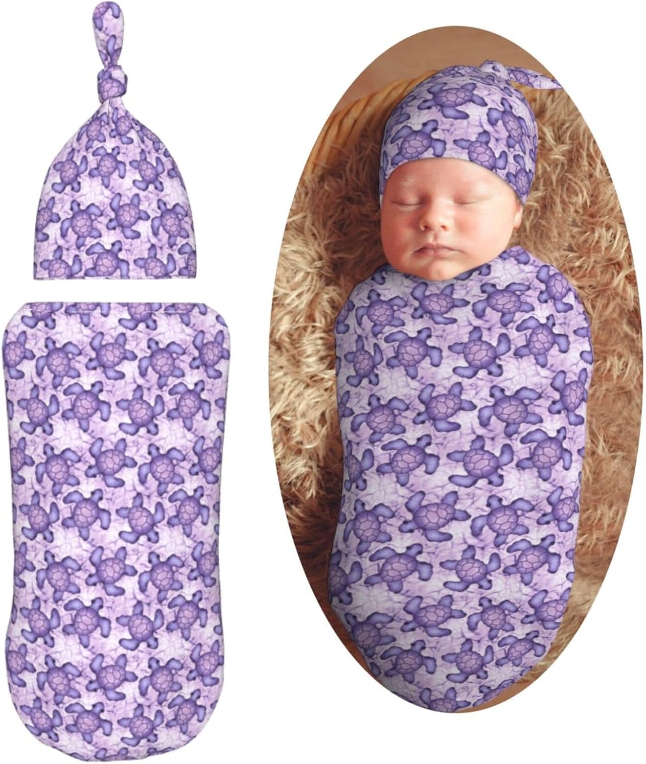 Muishi Purple Sea Turtle Swaddle Blanket Hat Set