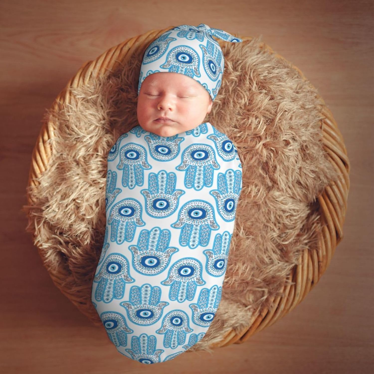 Muishi Hamsa Hand Evil Eye Swaddle Blanket Hat Set