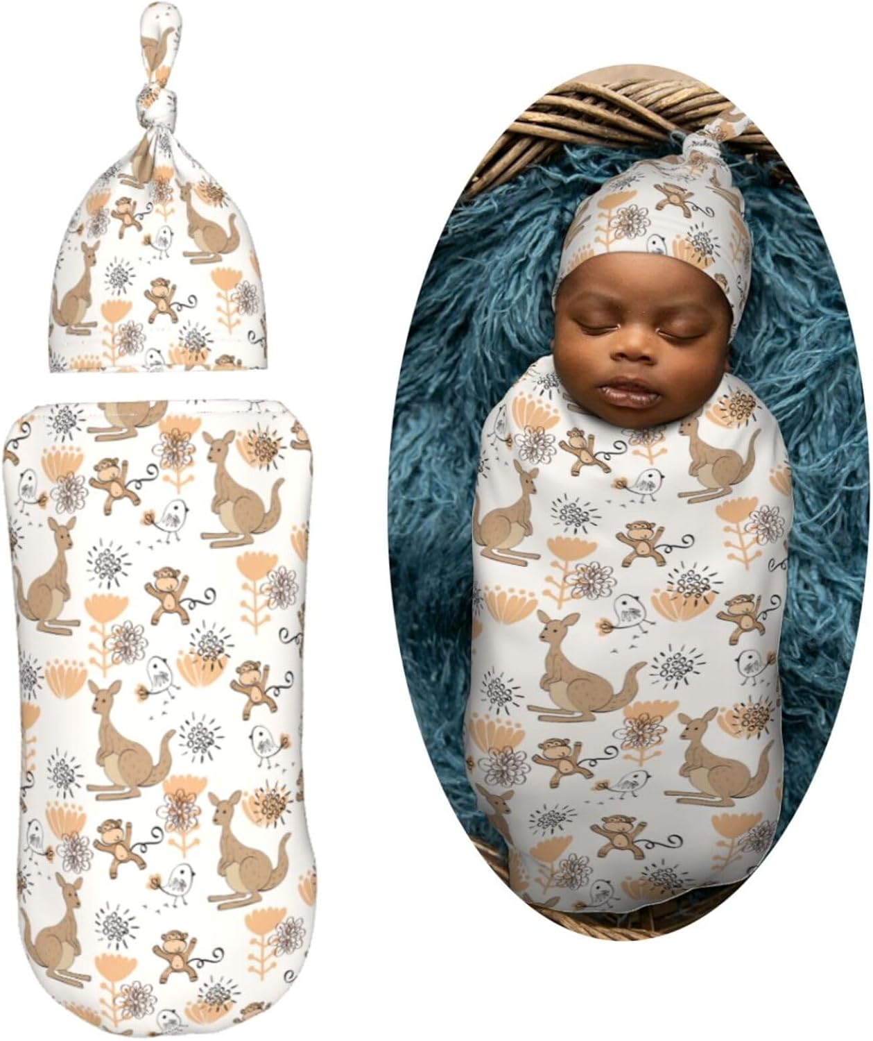Muishi Funny Kangaroo Monkey Swaddle Blanket Hat Set