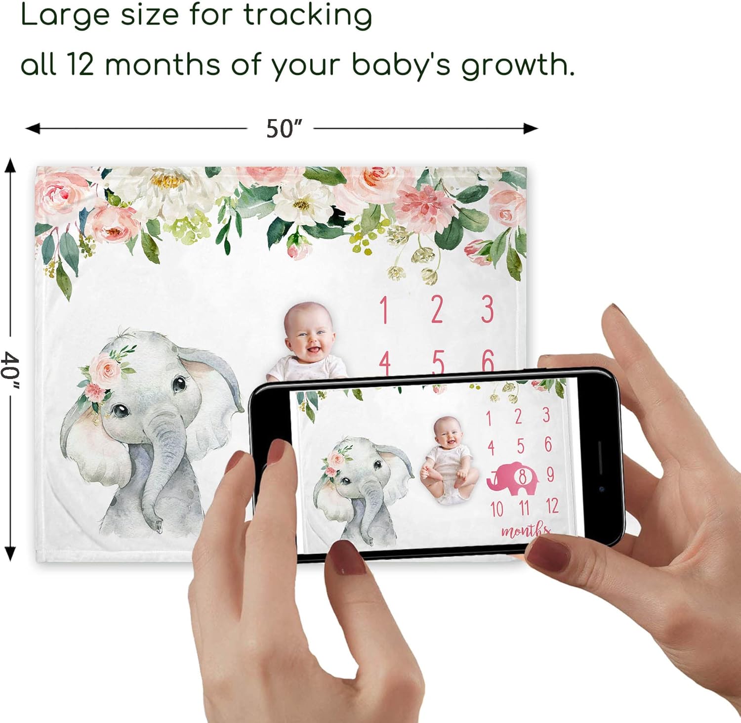 Floral Elephant Baby Monthly Milestone Blanket with Marker