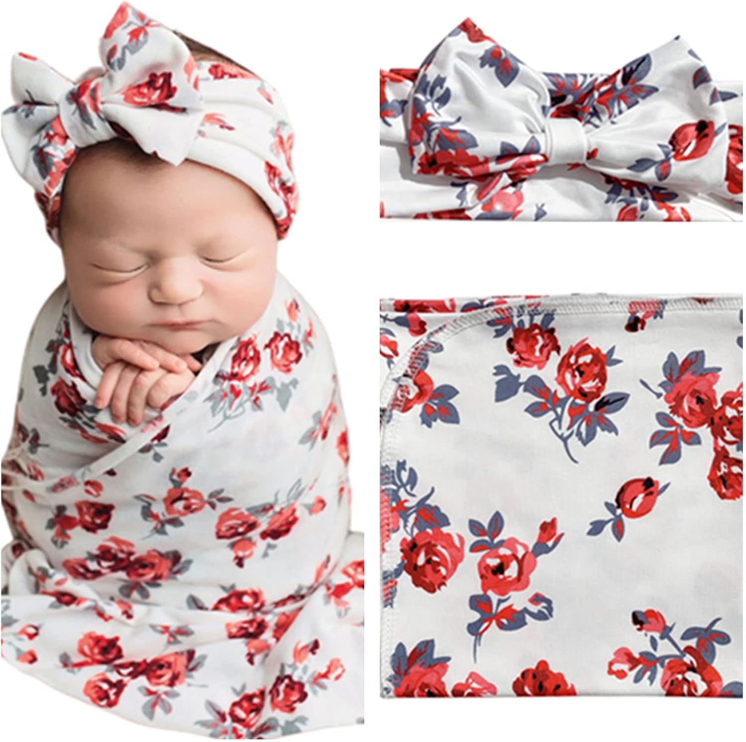 Newborn Swaddle Blanket with Headband for 0-3 Month Baby Red