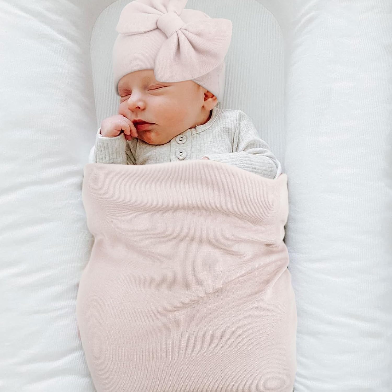 AQOKKA Newborn Swaddle Blanket with Bow Hat Headband Set