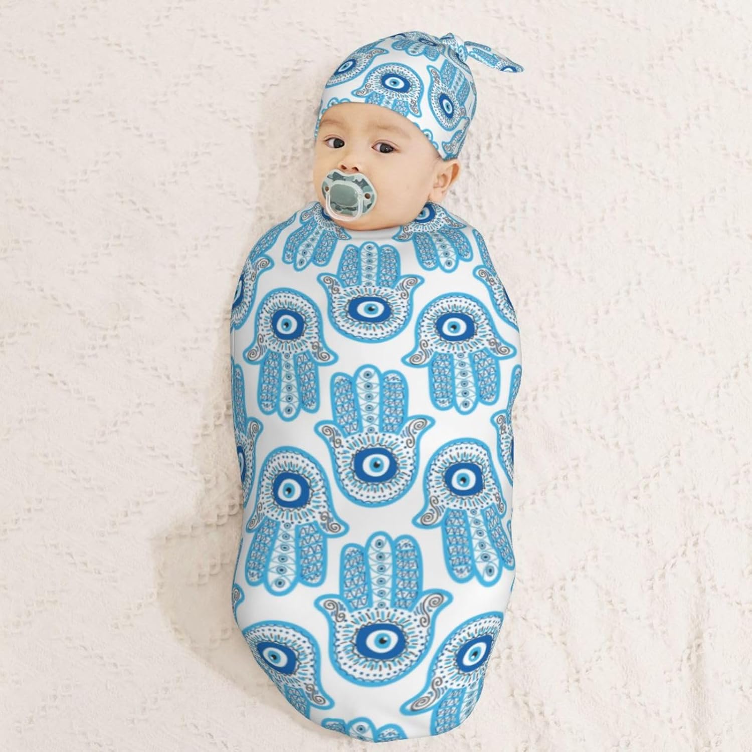 Muishi Hamsa Hand Evil Eye Swaddle Blanket Hat Set