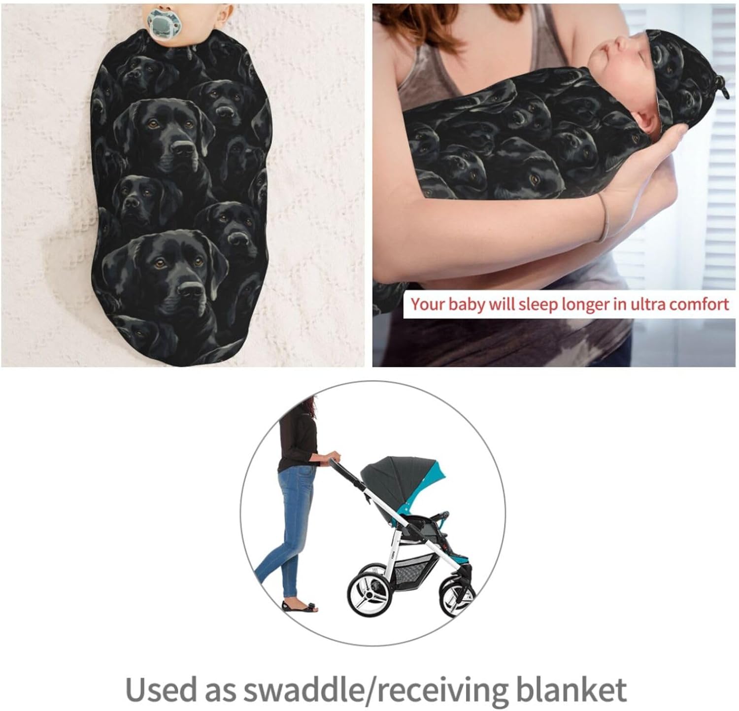 Muishi Black Labrador Swaddle Blanket and Hat Set