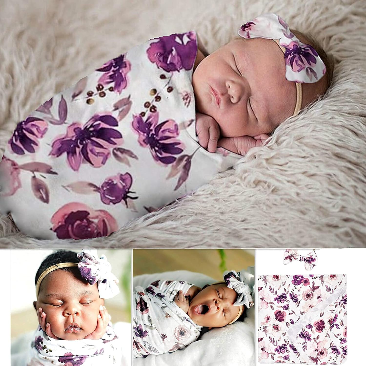 Baby Swaddle Blanket with Headband Set Purple Flowers