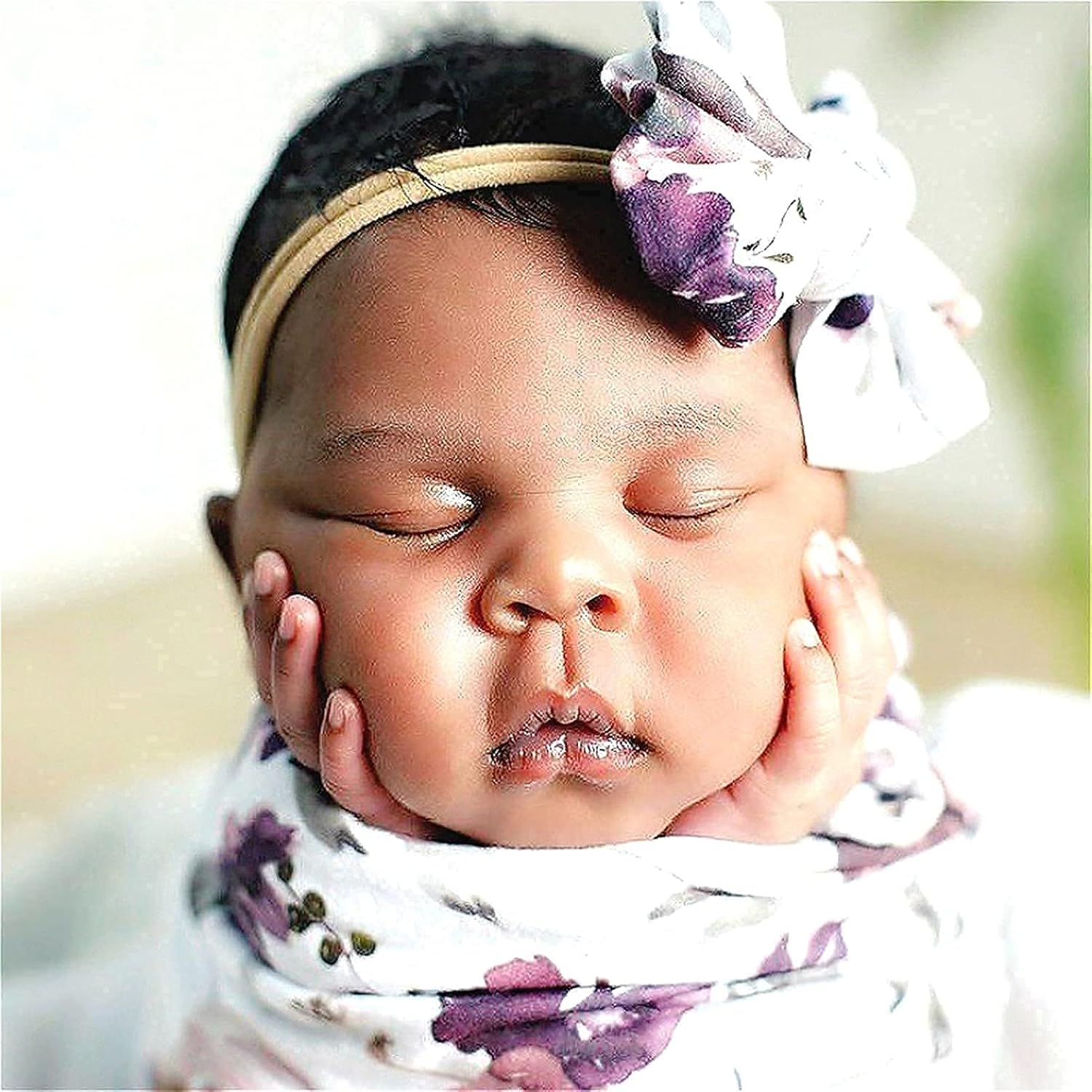 Baby Swaddle Blanket with Headband Set Purple Flowers