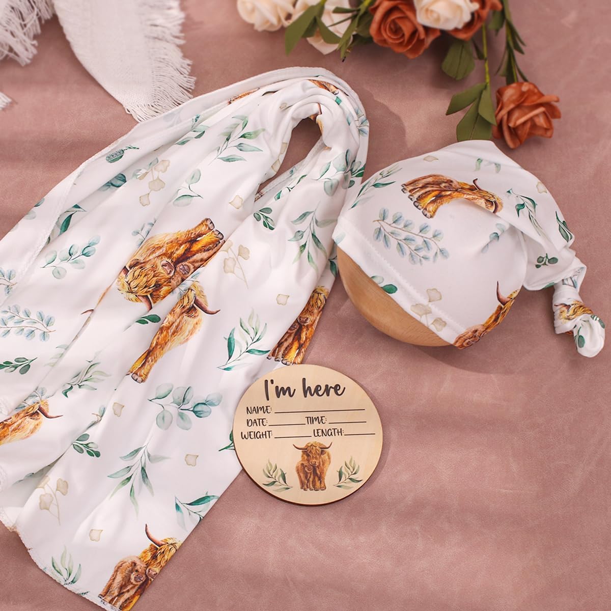 Ylsteed Baby Highland Cow Swaddle Blanket Set
