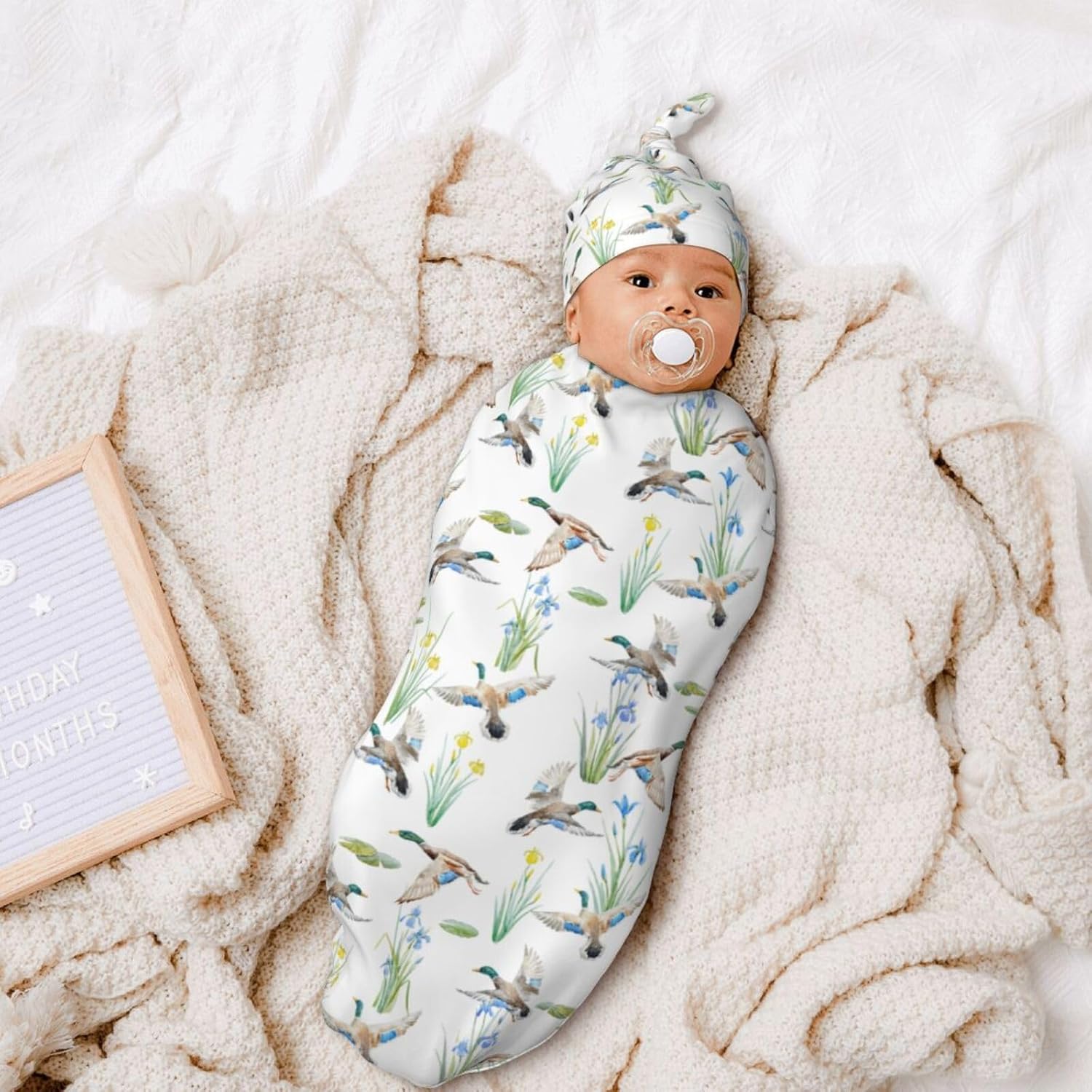 Sozzjile Mallard Duck Swaddle Blanket Beanie Set for Baby
