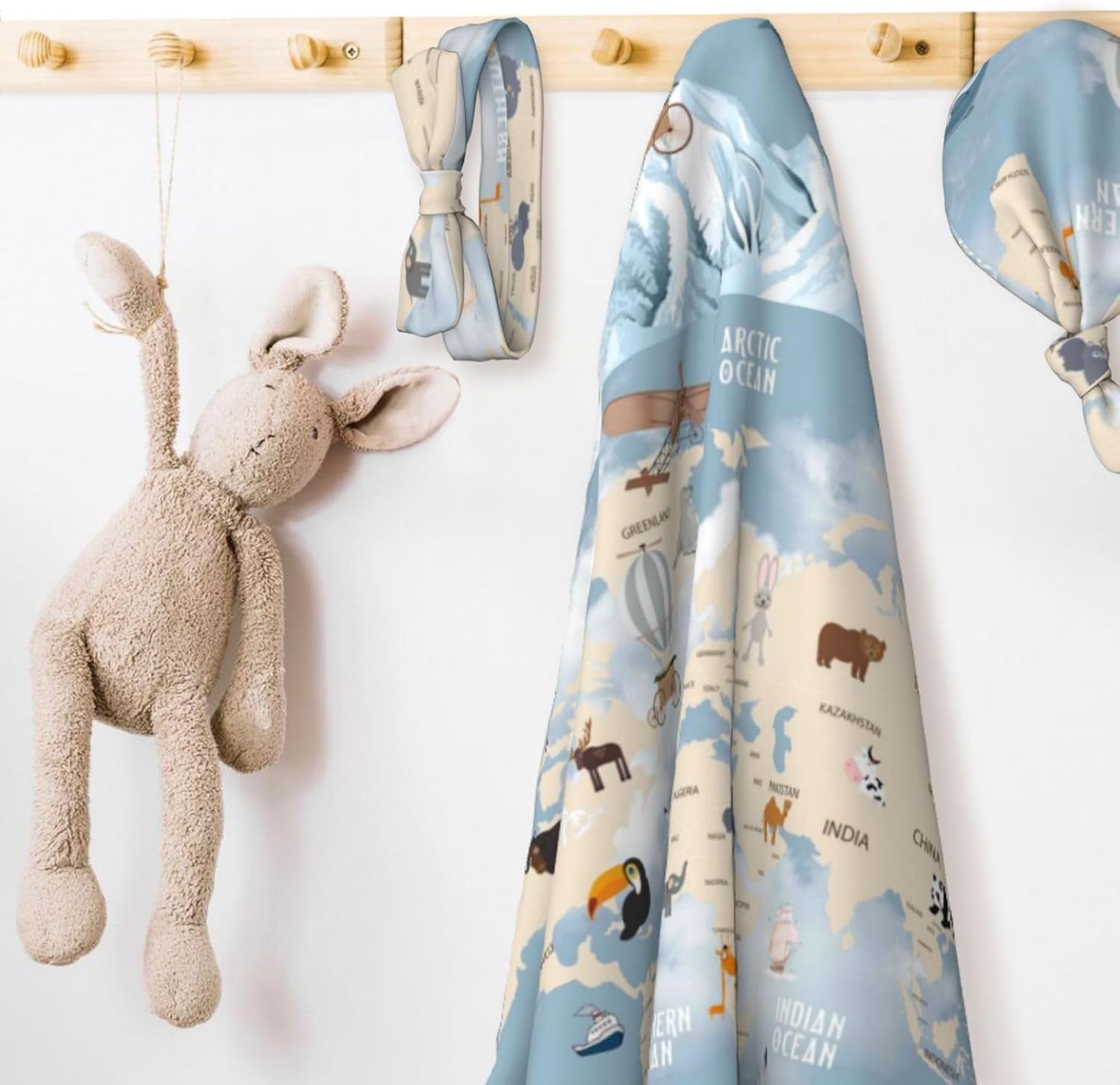 Salelf Animals Travel World Map Swaddling Blanket 3PCS Set