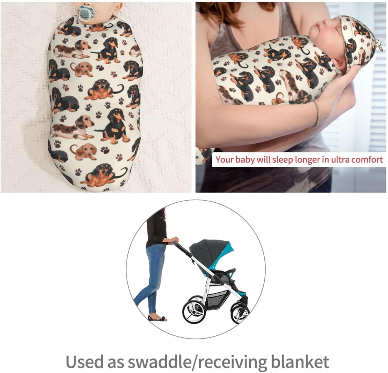 Muishi Dachshund Swaddle Blanket Beanie Set