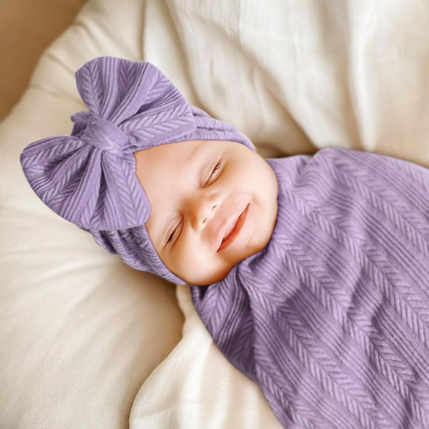 AQOKKA Newborn Swaddle Blanket Set with Hat and Wooden Sign