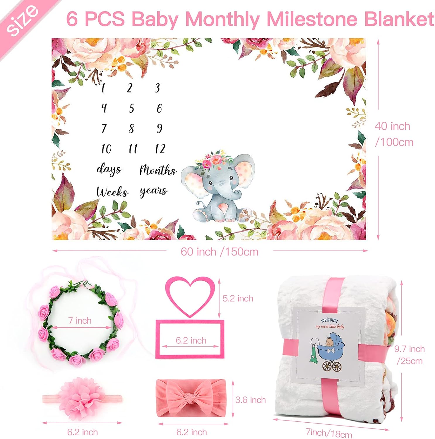 SPOKKI 6 Piece Baby Milestone Blanket with Headband