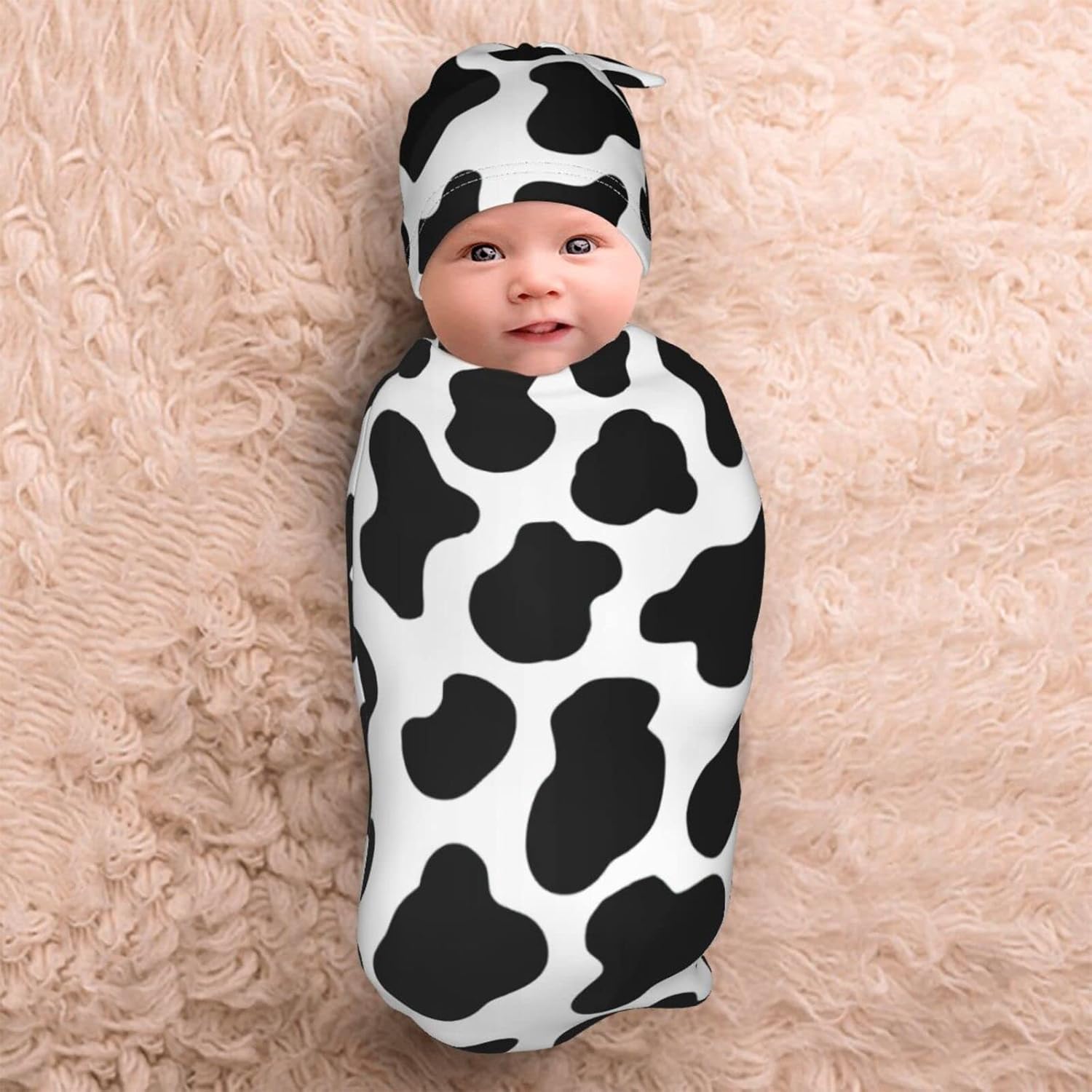 Norchzi Cow Print Swaddle Blanket Hat Set for Newborn Babies