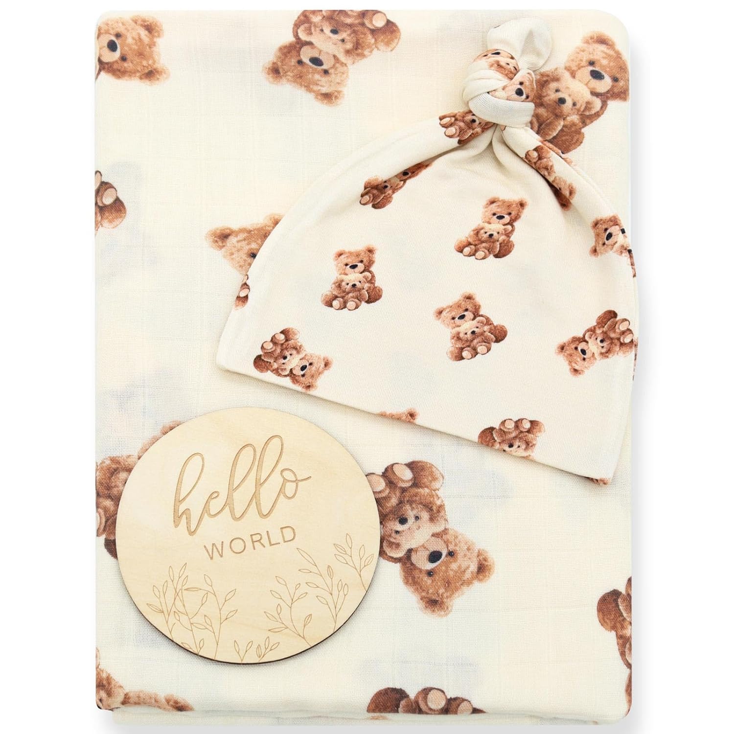 LifeTree Muslin Swaddle Blanket with Bear Hat Set