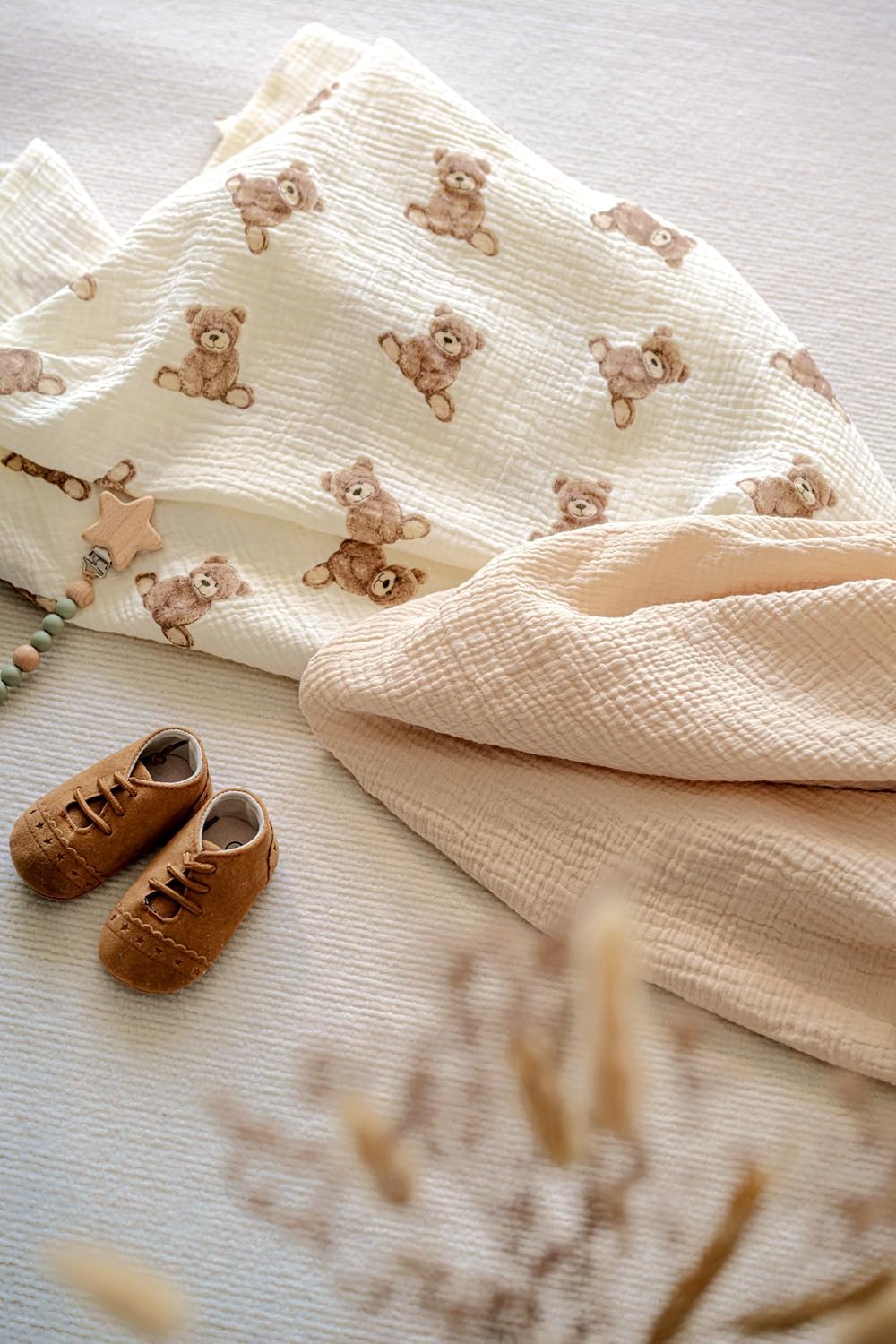 Little Jump 2-Pack Muslin Swaddle Blankets - Boho Teddy Bear Design