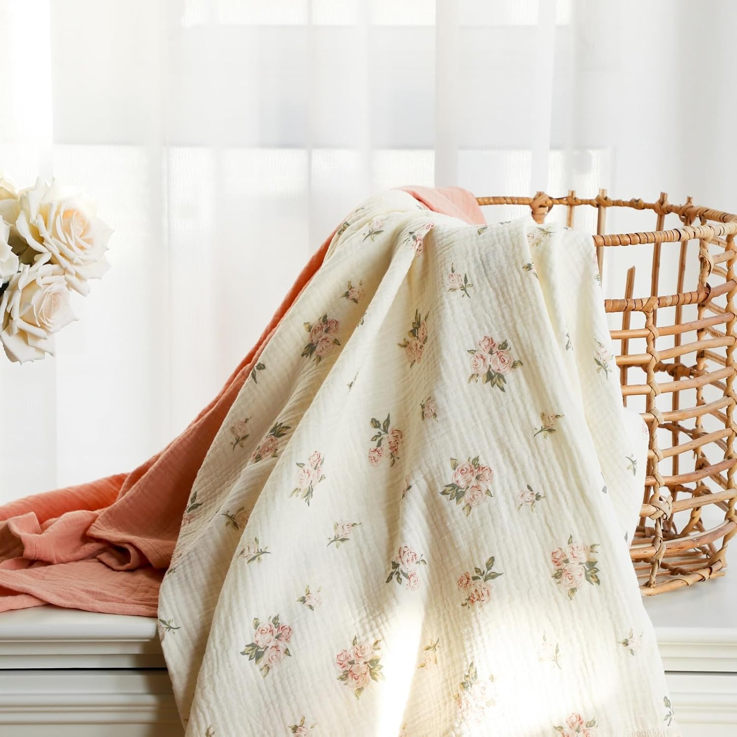 Insular Cotton Muslin Baby Blanket with Tassel 47 x 40 Pink Rose