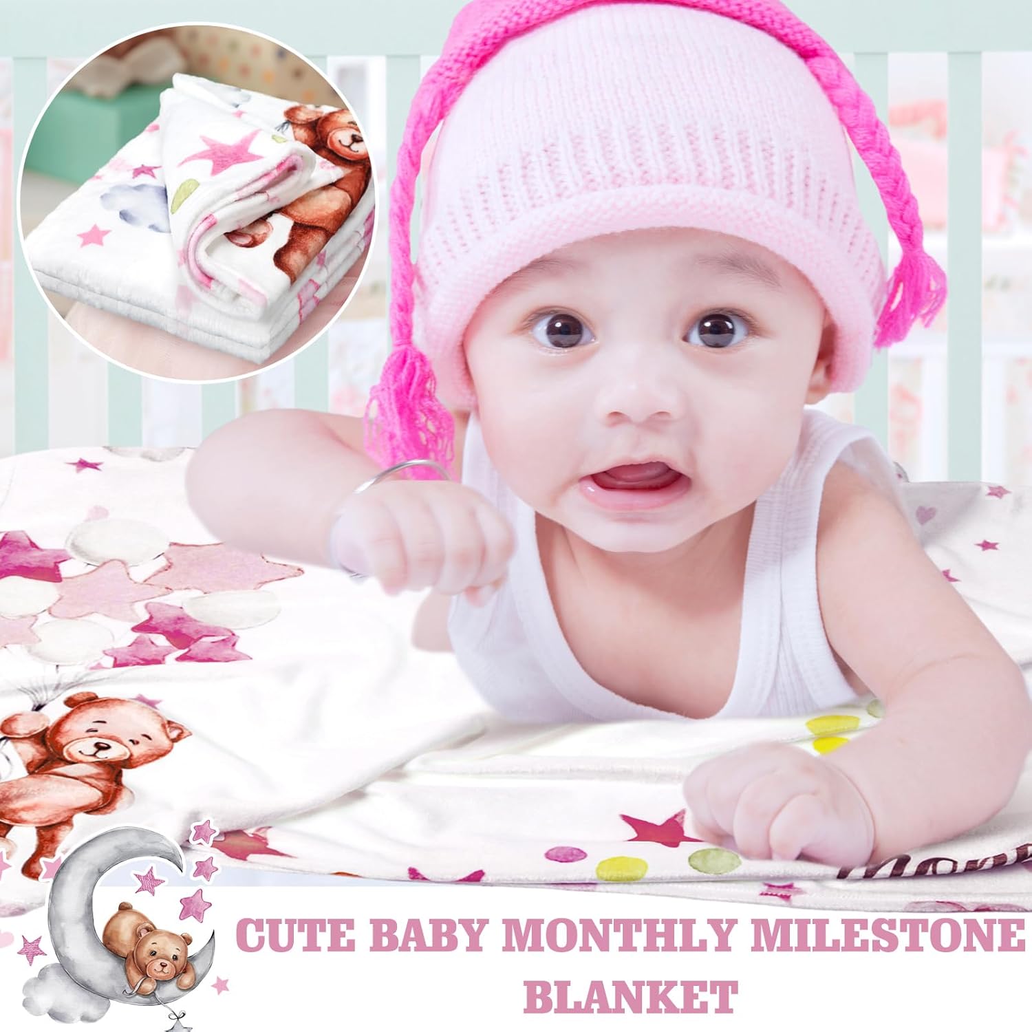 Sleeping Bear Baby Milestone Blanket with Star Frame for Boys Girls