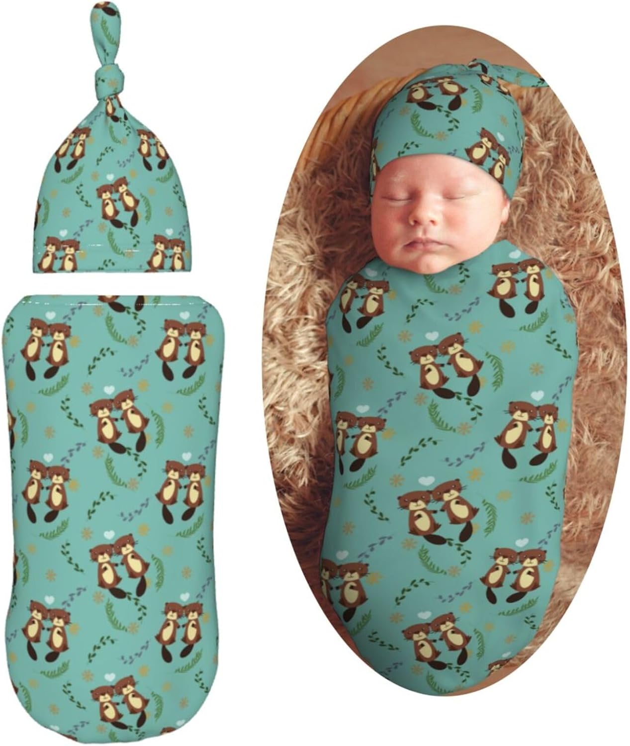 Muishi Cute Beaver Newborn Swaddle Blanket and Hat Set