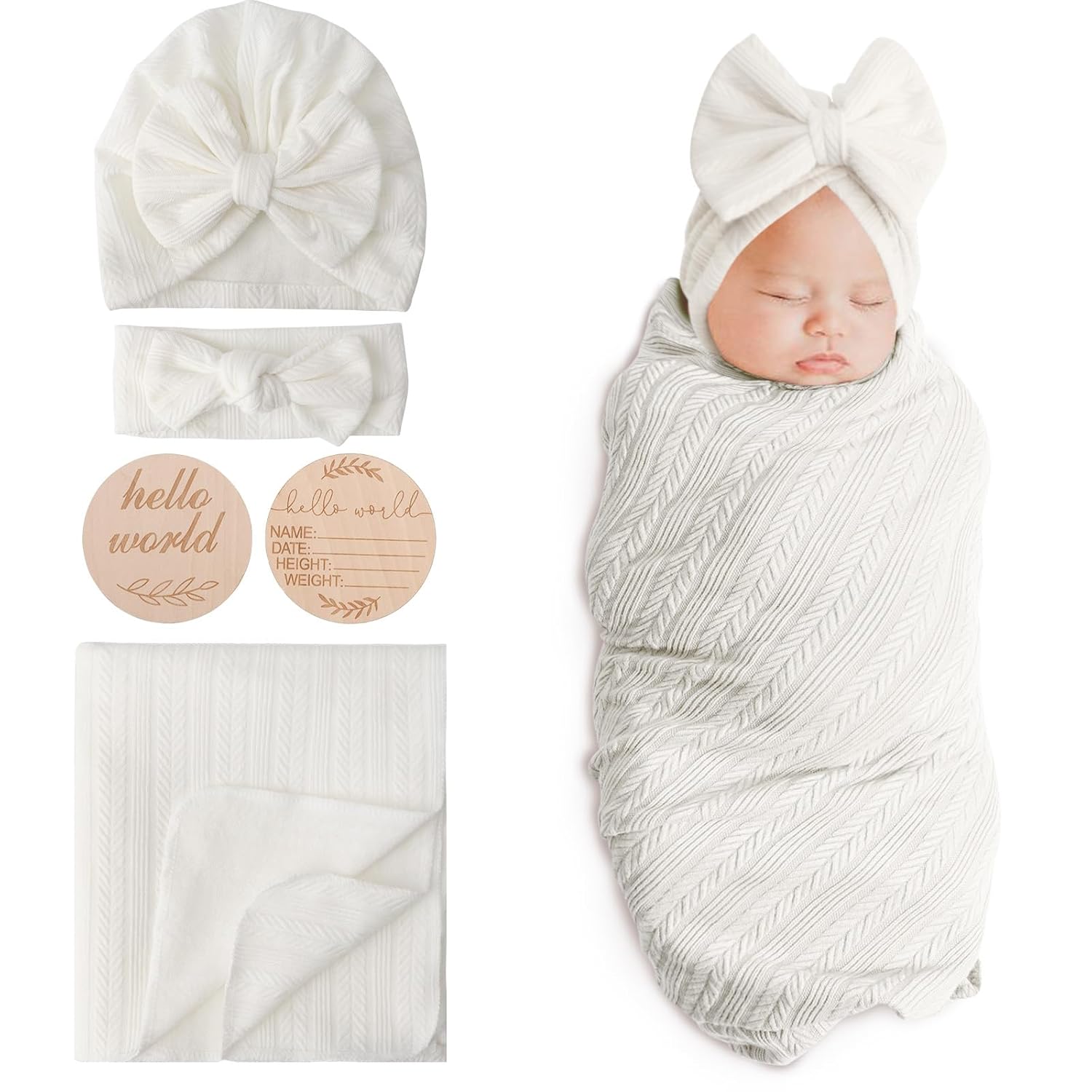 DRESHOW BQUBO Baby Swaddle Blankets Set 4PCS White with Hat and Bow