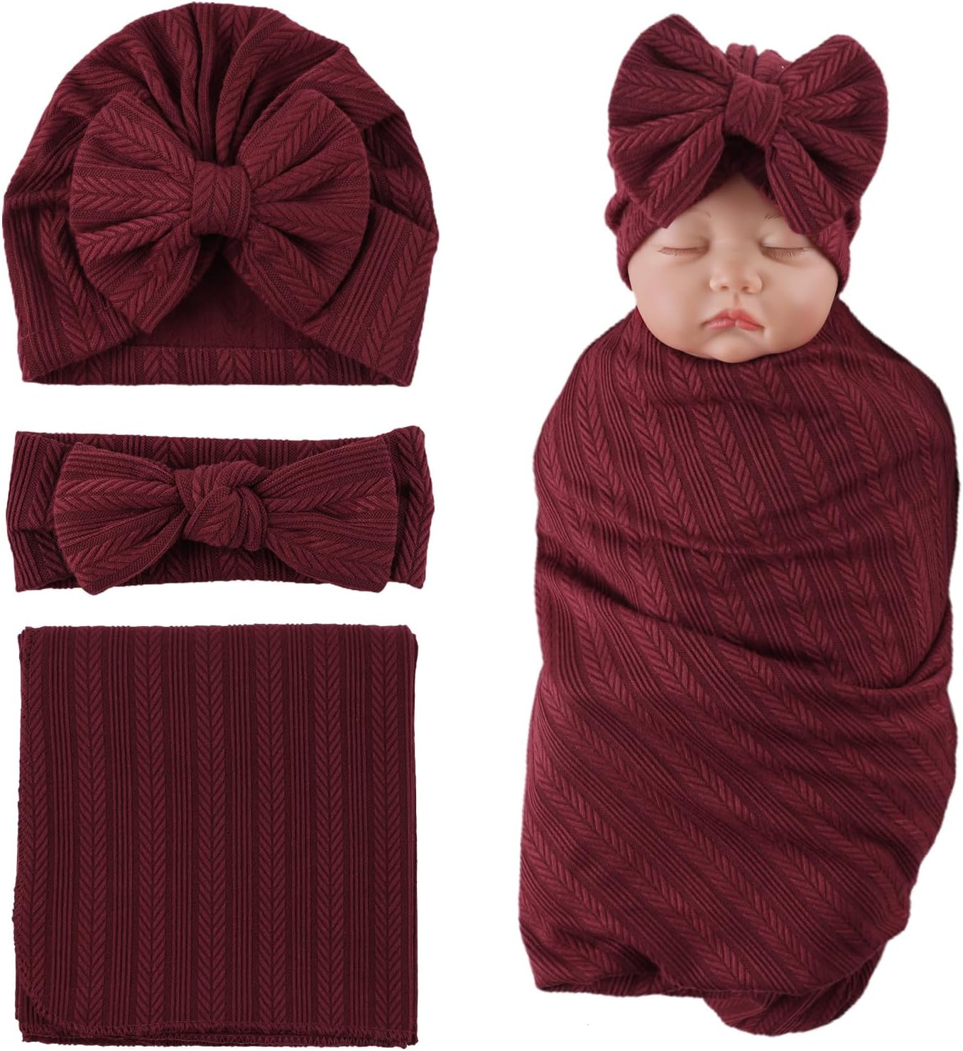 OMUKY Newborn Swaddle Blanket and Headband Set Wine Red