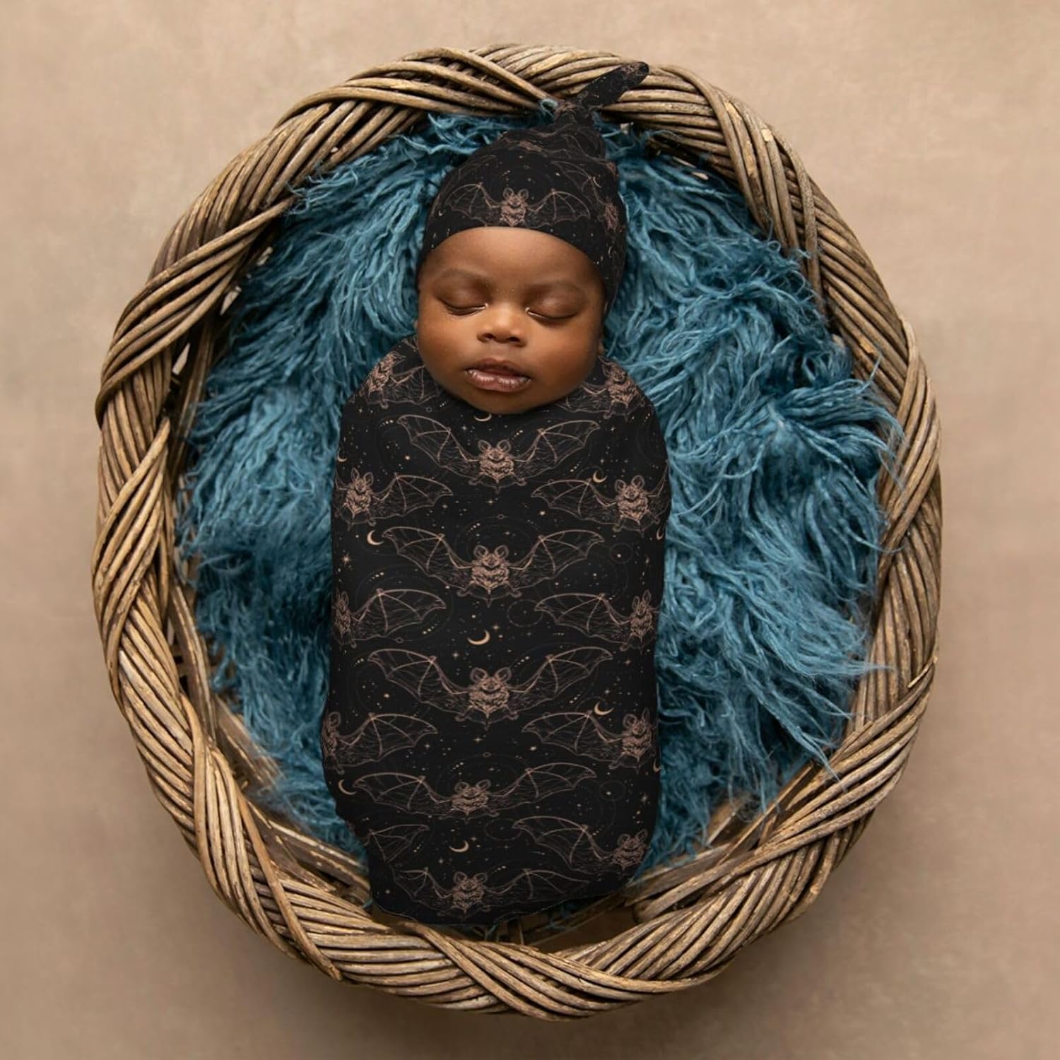 Night Bat Moon Newborn Swaddle Blanket Hat Set