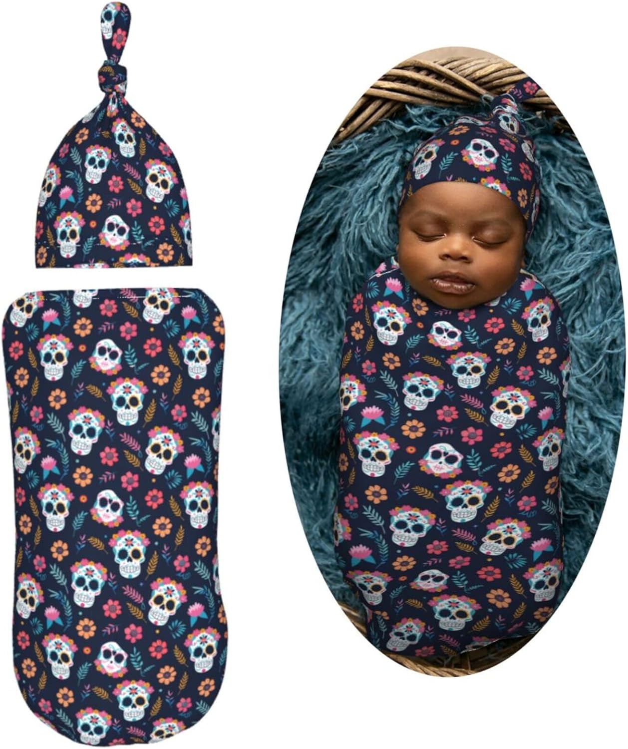 Muishi Sugar Skulls Flower Swaddle Blanket and Beanie Hat Set