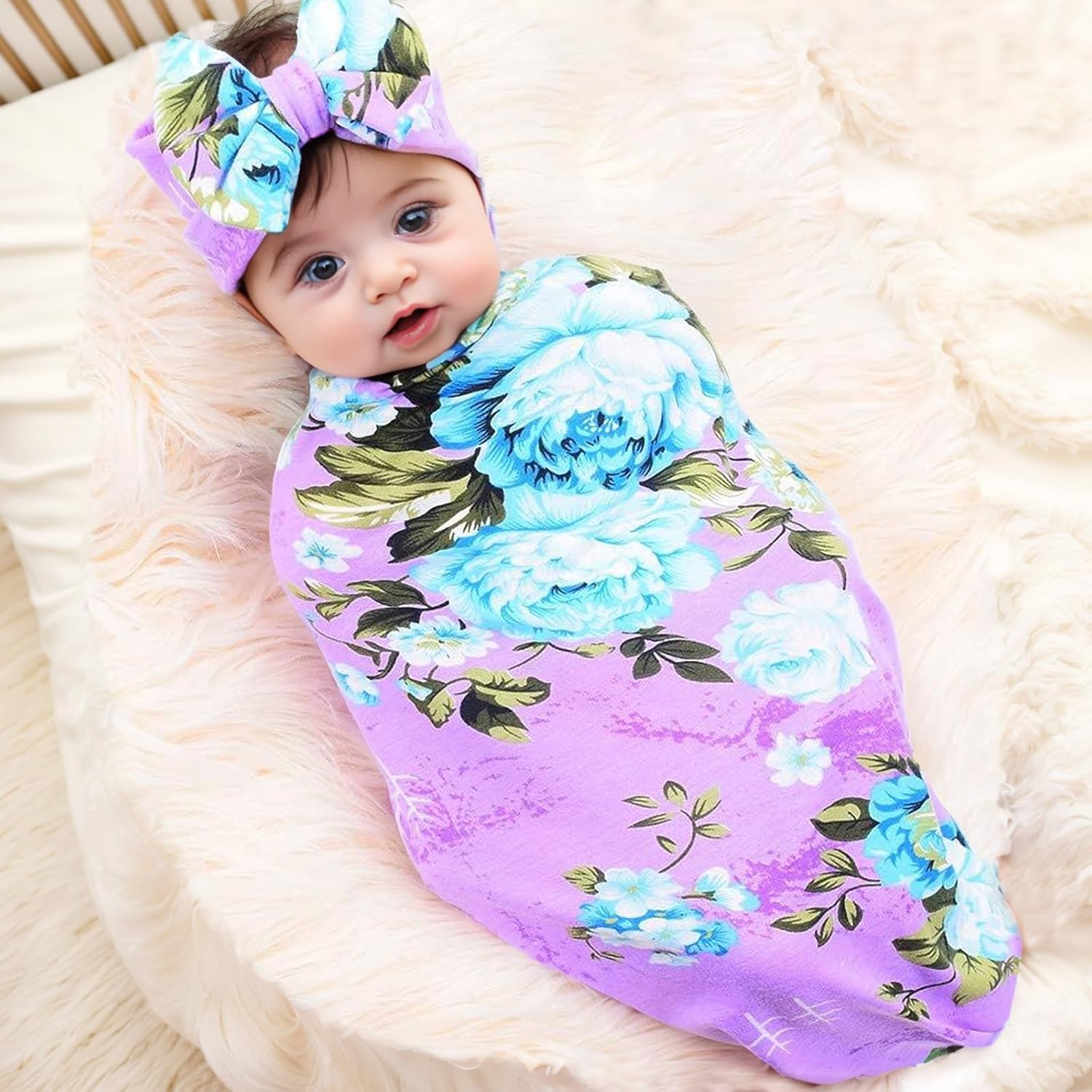 Galabloomer Newborn Baby Swaddle Blanket and Bow Set