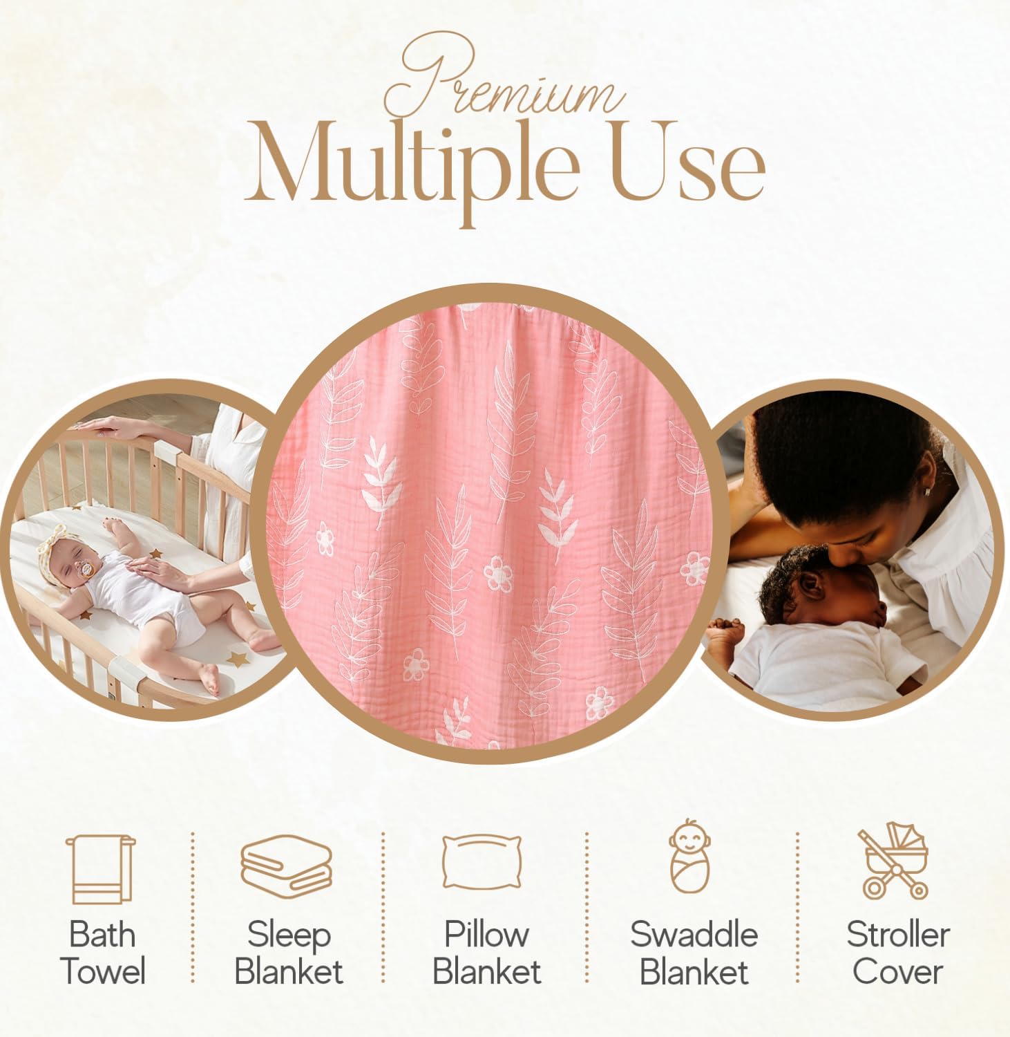 HardNok Ultra Soft Muslin Baby Blanket - 43 x 43 Leaf Floral Pink
