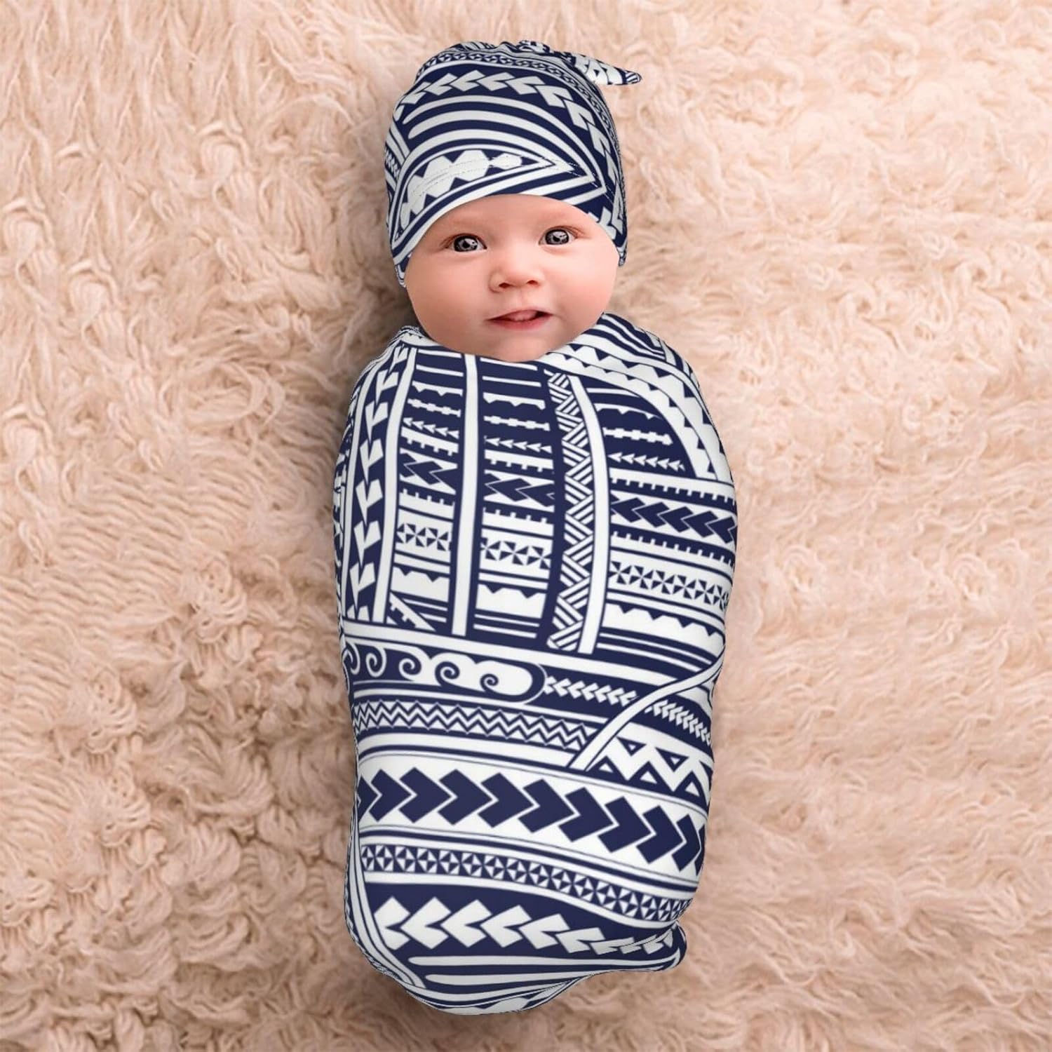 NOKOER Blue Polynesian Tribal Pattern Swaddle Blanket with Hat Set